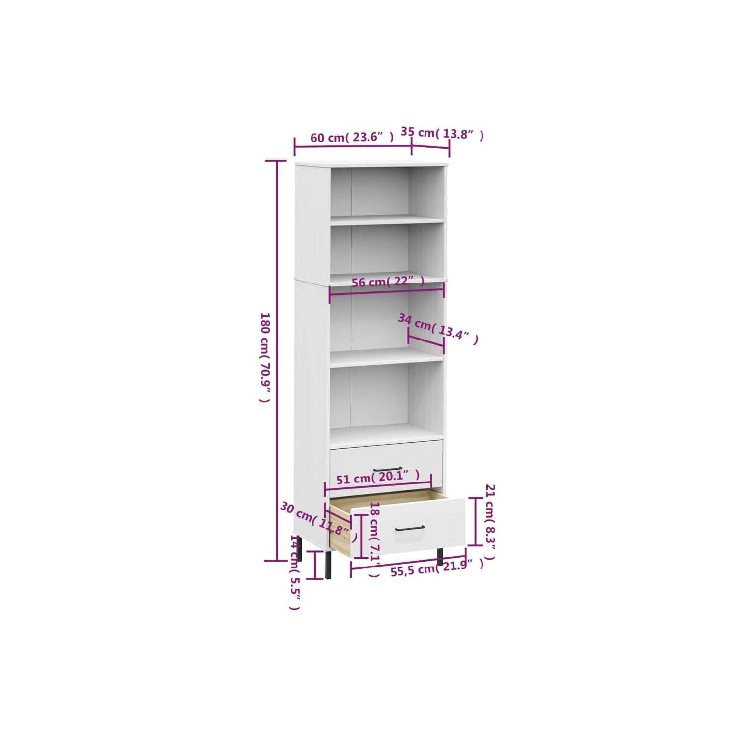 vidaXL Bookcase with 2 Drawers White 60x35x180 cm Solid Wood OSLO