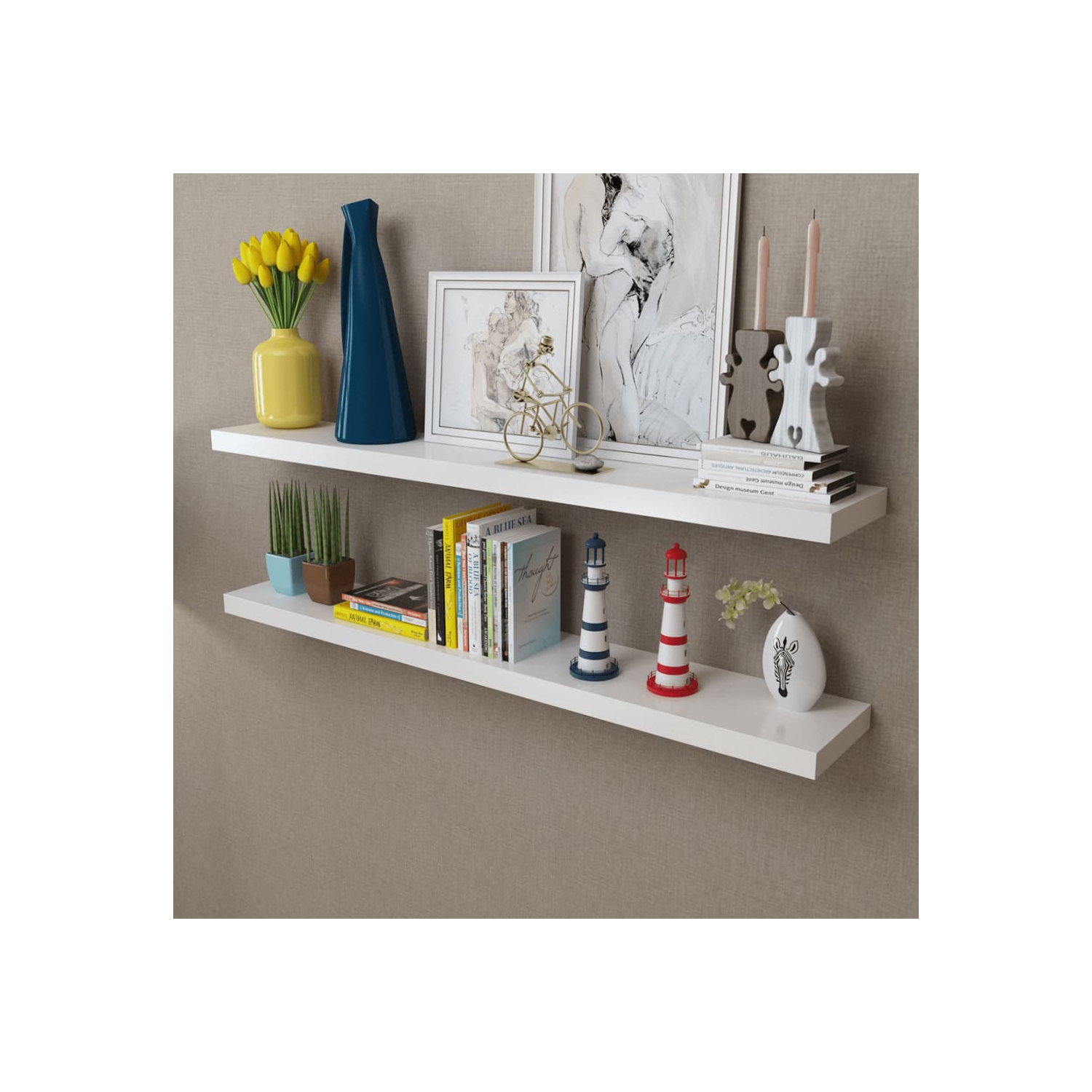 2 White MDF Floating Wall Display Shelves Book/DVD Storage