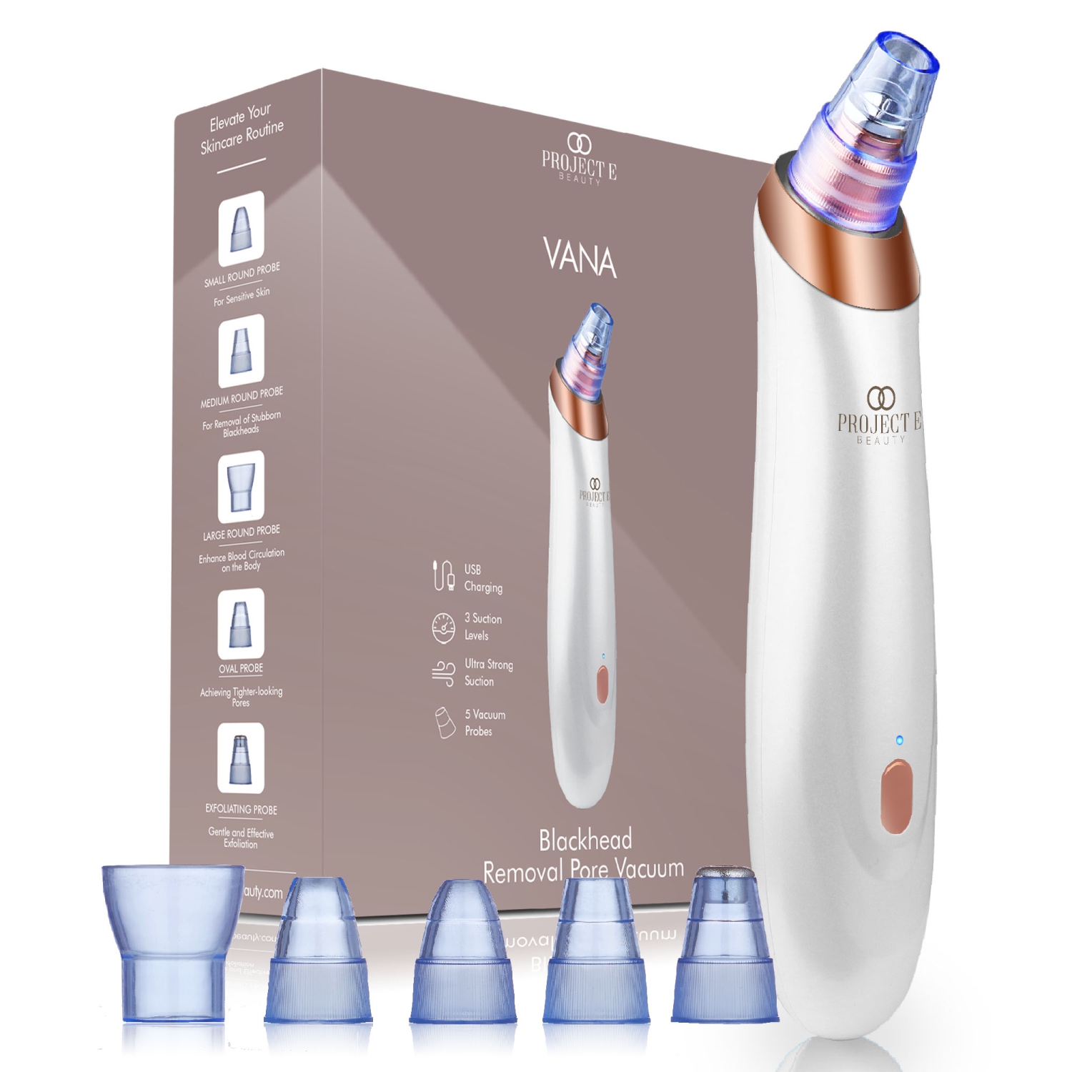 Project E Beauty Vana | Blackhead Removal Pore Vacuum | Pore Cleanser for Nose & Face | Wireless & Rechargeable | 5 Probes