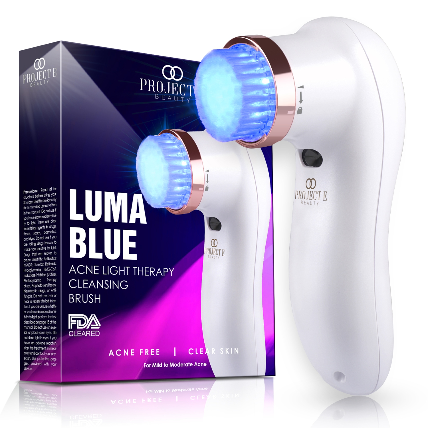 Project E Beauty LumaBlue | LED Light Therapy Cleansing Brush | Anti-Acne | Exfoliating Brush | Reduces Inflammation