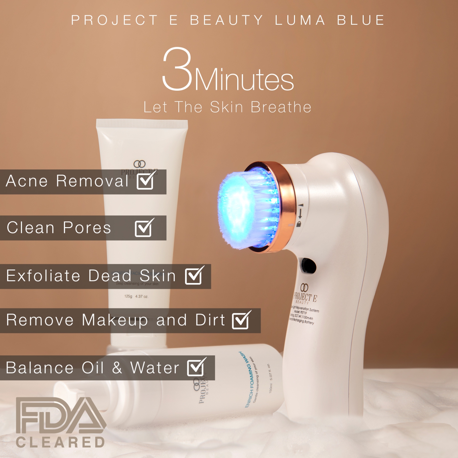 Project E Beauty LumaBlue | LED Light Therapy Cleansing Brush | Anti-Acne | Exfoliating Brush | Reduces Inflammation