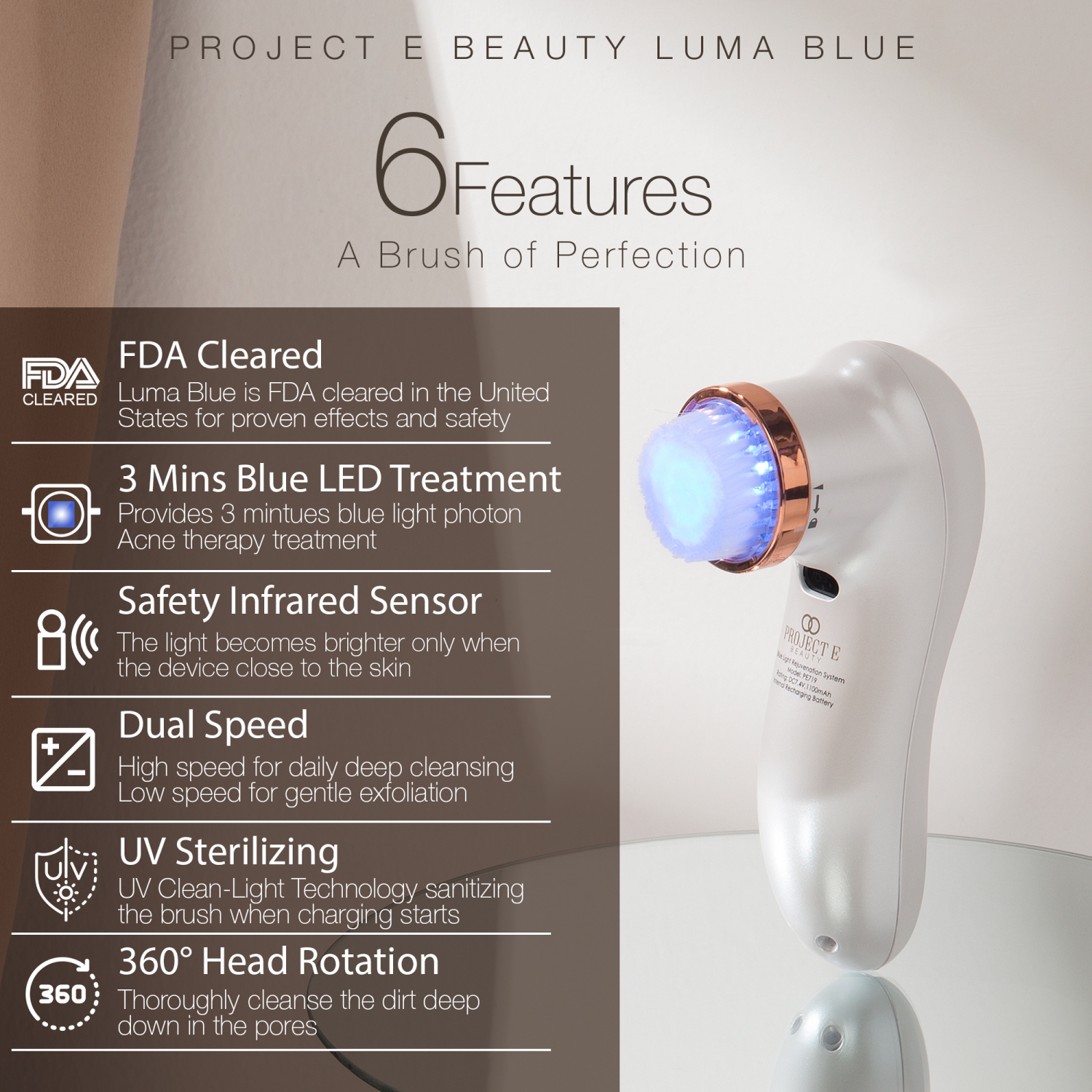 Project E Beauty LumaBlue | LED Light Therapy Cleansing Brush | Anti-Acne | Exfoliating Brush | Reduces Inflammation