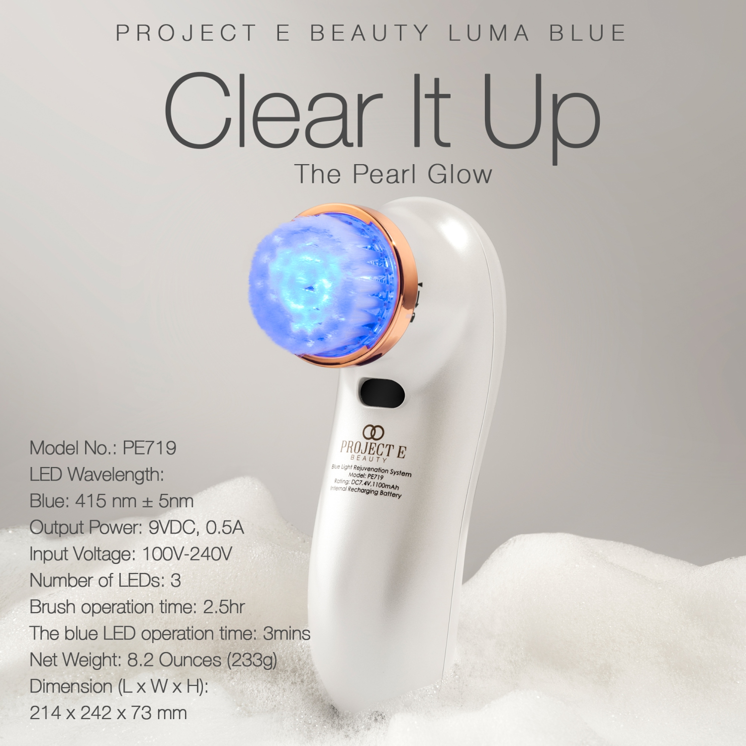Project E Beauty LumaBlue | LED Light Therapy Cleansing Brush | Anti-Acne | Exfoliating Brush | Reduces Inflammation
