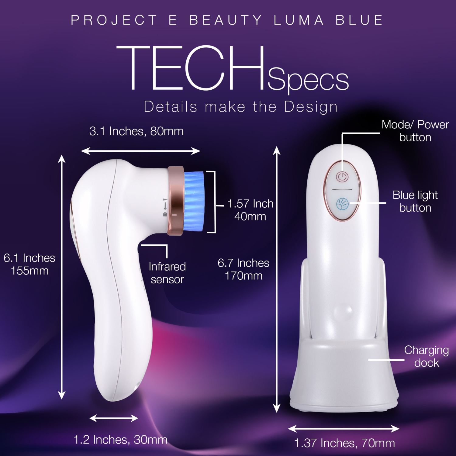 Project E Beauty LumaBlue | LED Light Therapy Cleansing Brush | Anti-Acne | Exfoliating Brush | Reduces Inflammation