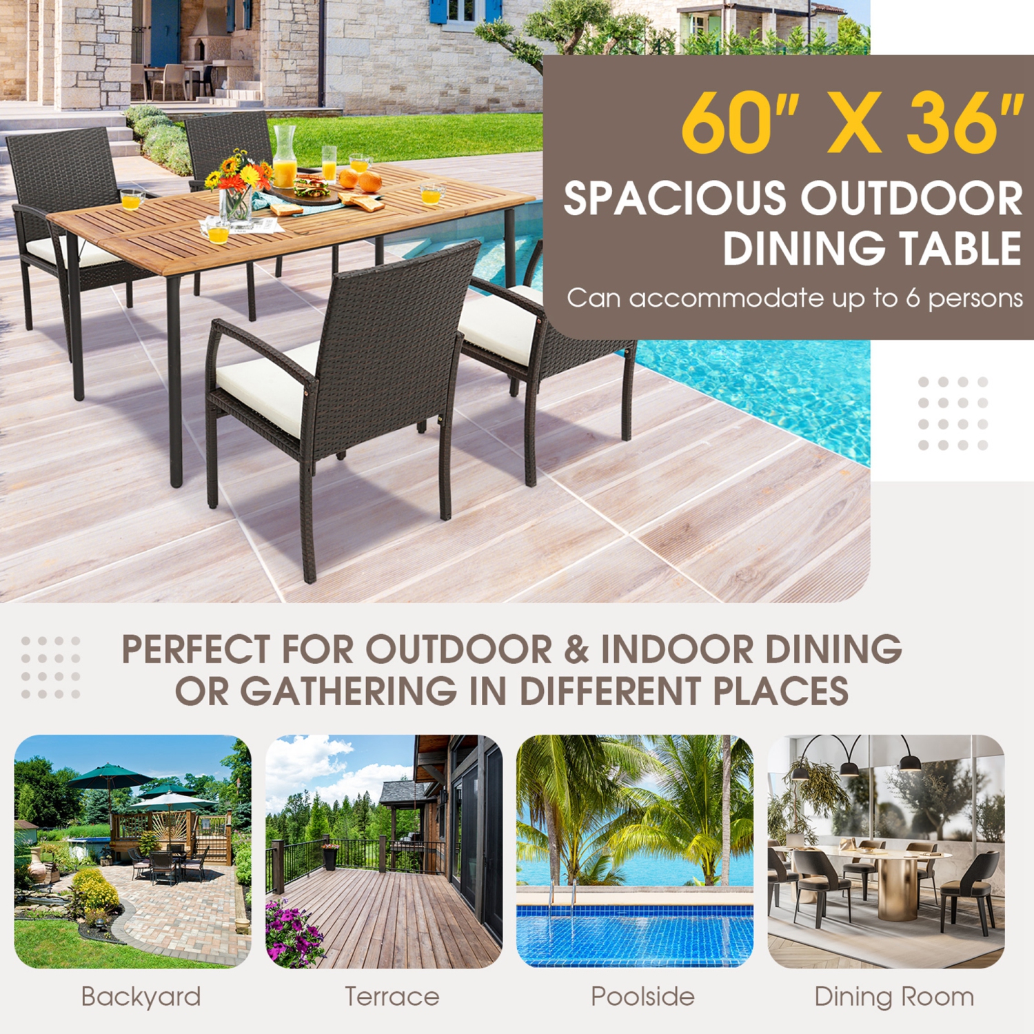 Costway Patio Rectangular Acacia Wood Dining Table with 1.9"Umbrella Hole Indoor&Outdoor