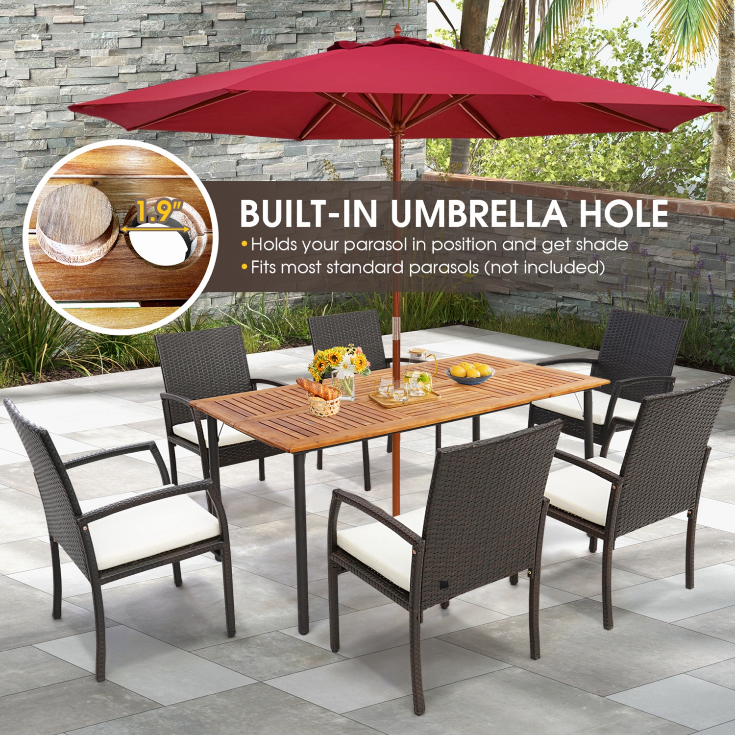 Costway Patio Rectangular Acacia Wood Dining Table with 1.9"Umbrella Hole Indoor&Outdoor