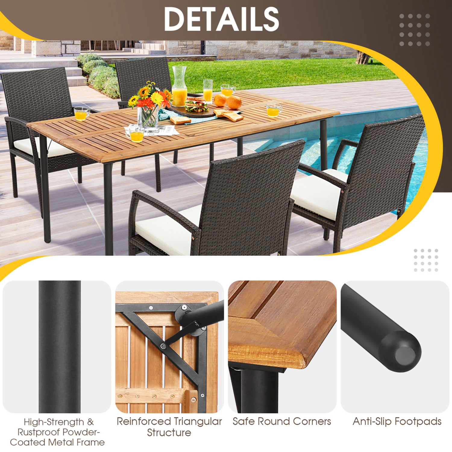 Costway Patio Rectangular Acacia Wood Dining Table with 1.9"Umbrella Hole Indoor&Outdoor