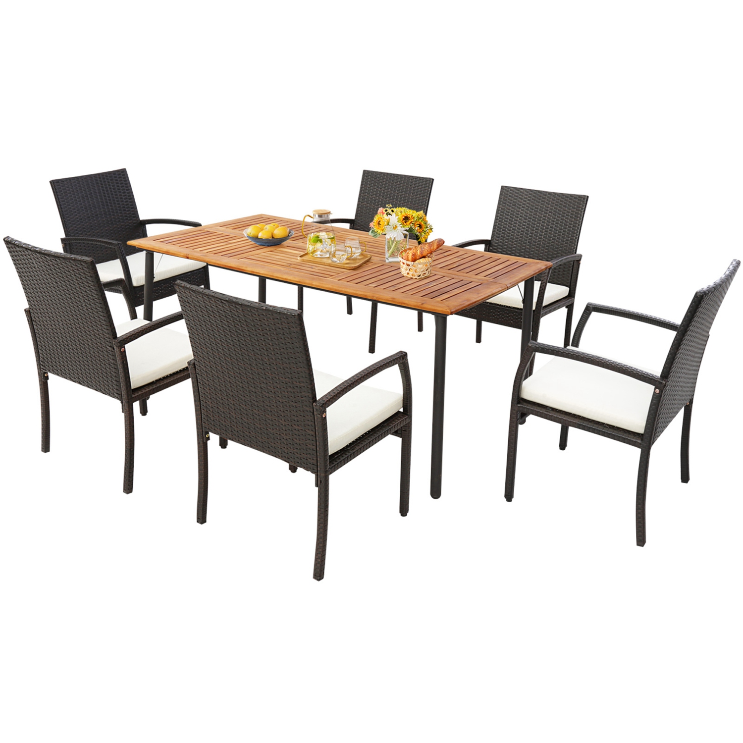 Costway Patio Rectangular Acacia Wood Dining Table with 1.9"Umbrella Hole Indoor&Outdoor