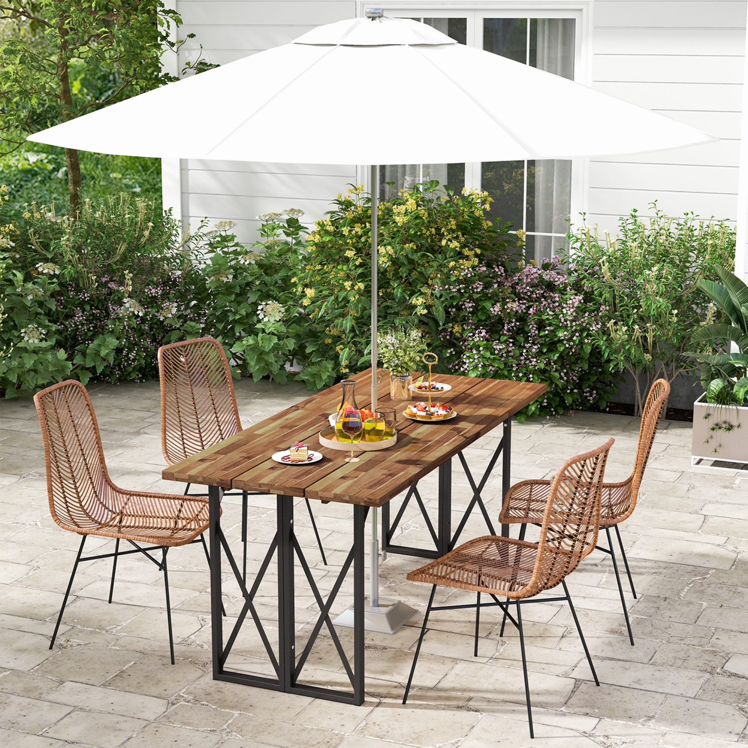 Costway 67" Patio Rectangle Table Heavy-Duty Acacia Wood Dining Table with Umbrella Hole