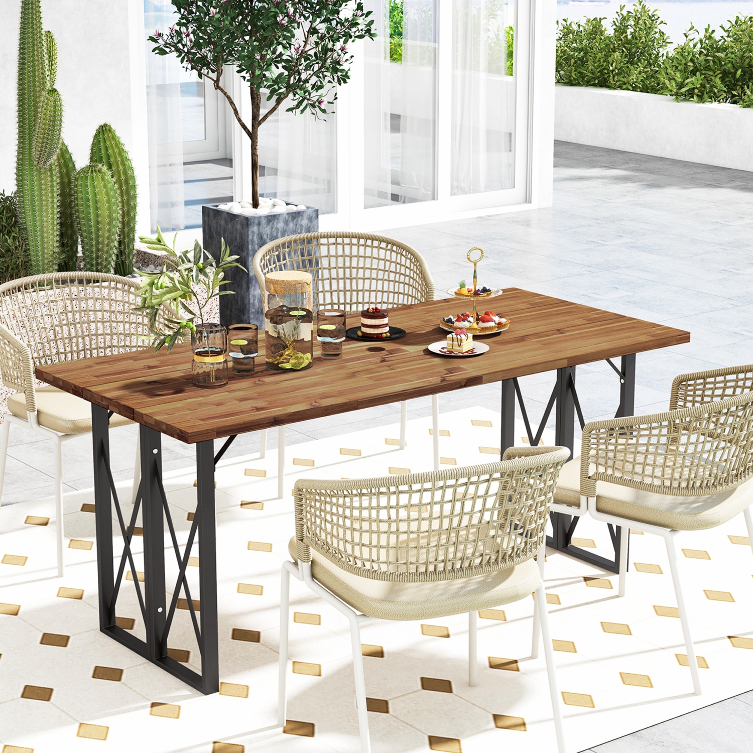 Costway 67" Patio Rectangle Table Heavy-Duty Acacia Wood Dining Table with Umbrella Hole