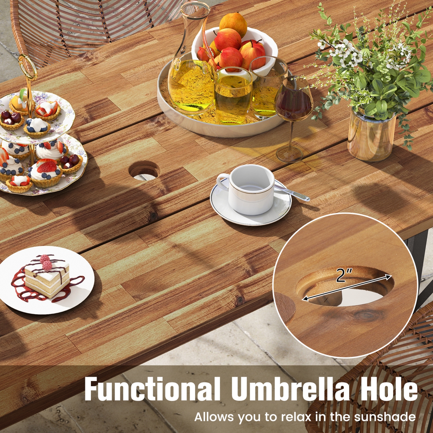Costway 67" Patio Rectangle Table Heavy-Duty Acacia Wood Dining Table with Umbrella Hole