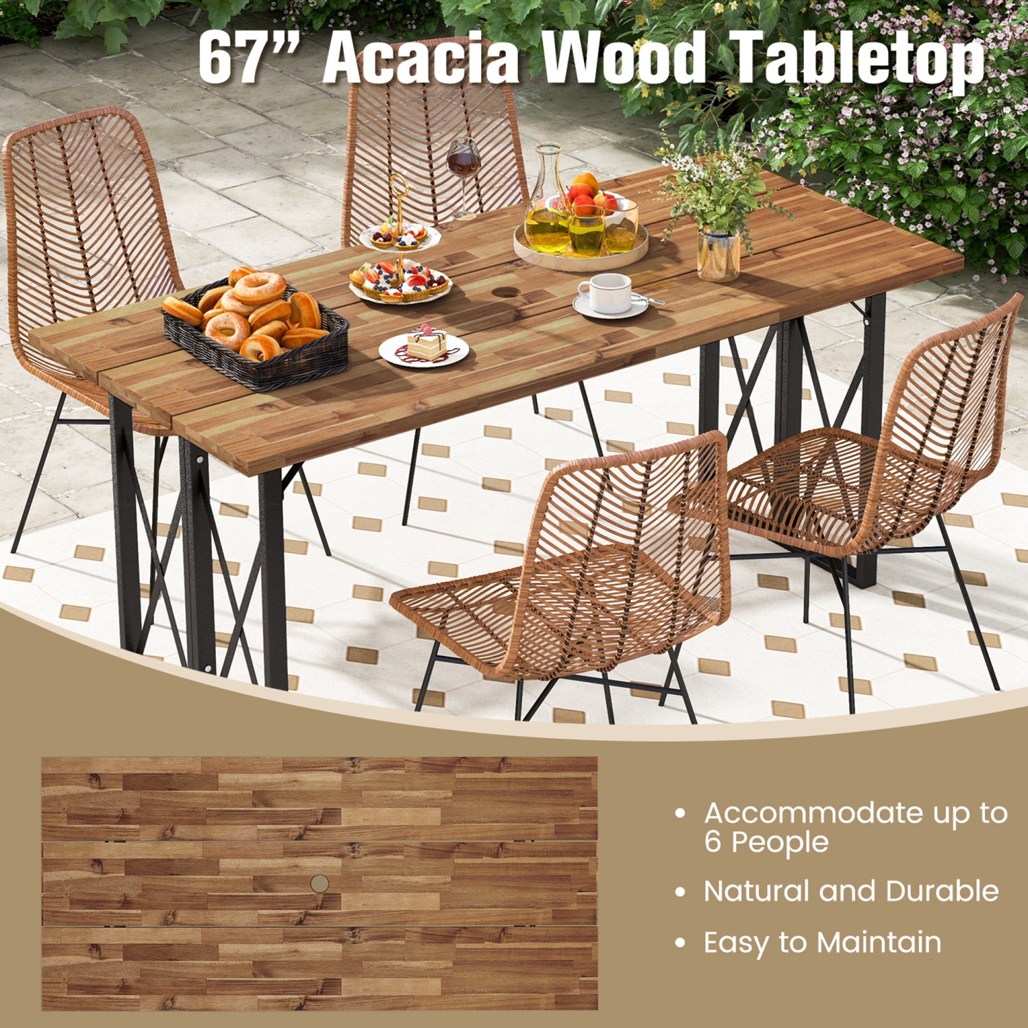 Costway 67" Patio Rectangle Table Heavy-Duty Acacia Wood Dining Table with Umbrella Hole