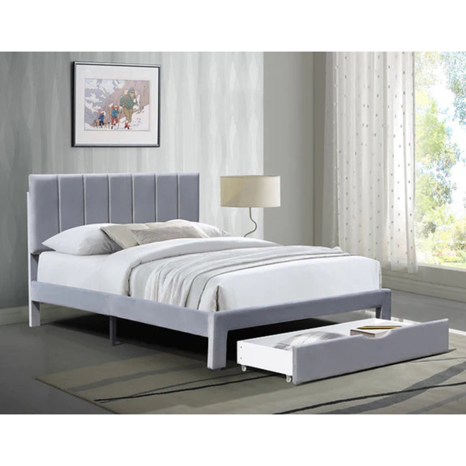 Queensons Miami Bed with Storage Drawer Grey Velvet
