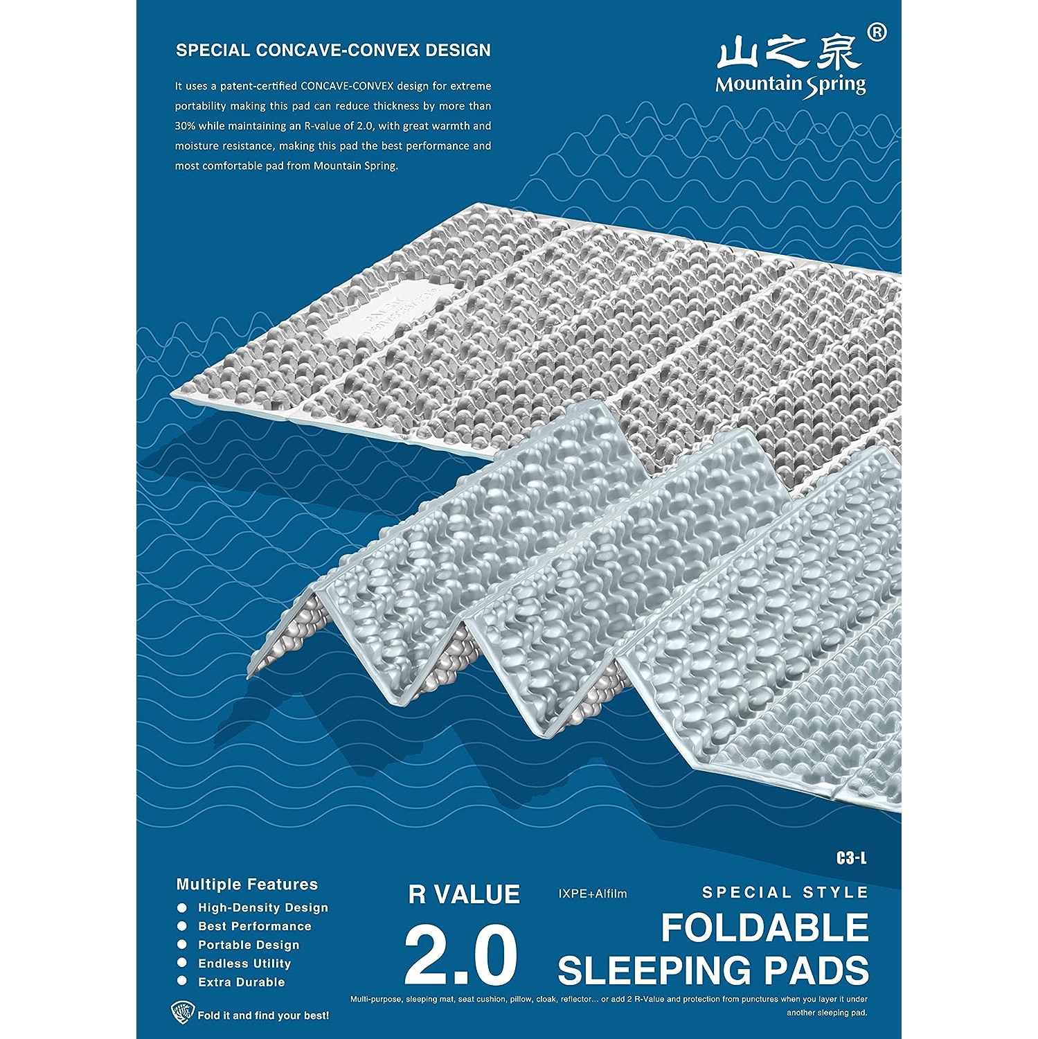 Matelas de couchage repliable haute densité en mousse à cellules fermées de la série Zebra de Mountain Spring R-2 | conception CONCAVE-convexe haute
