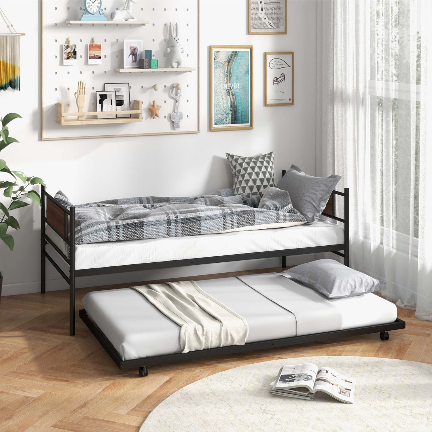 Twin Size Metal Daybed with Trundle Foundation Heavy-Duty Sofa Bed