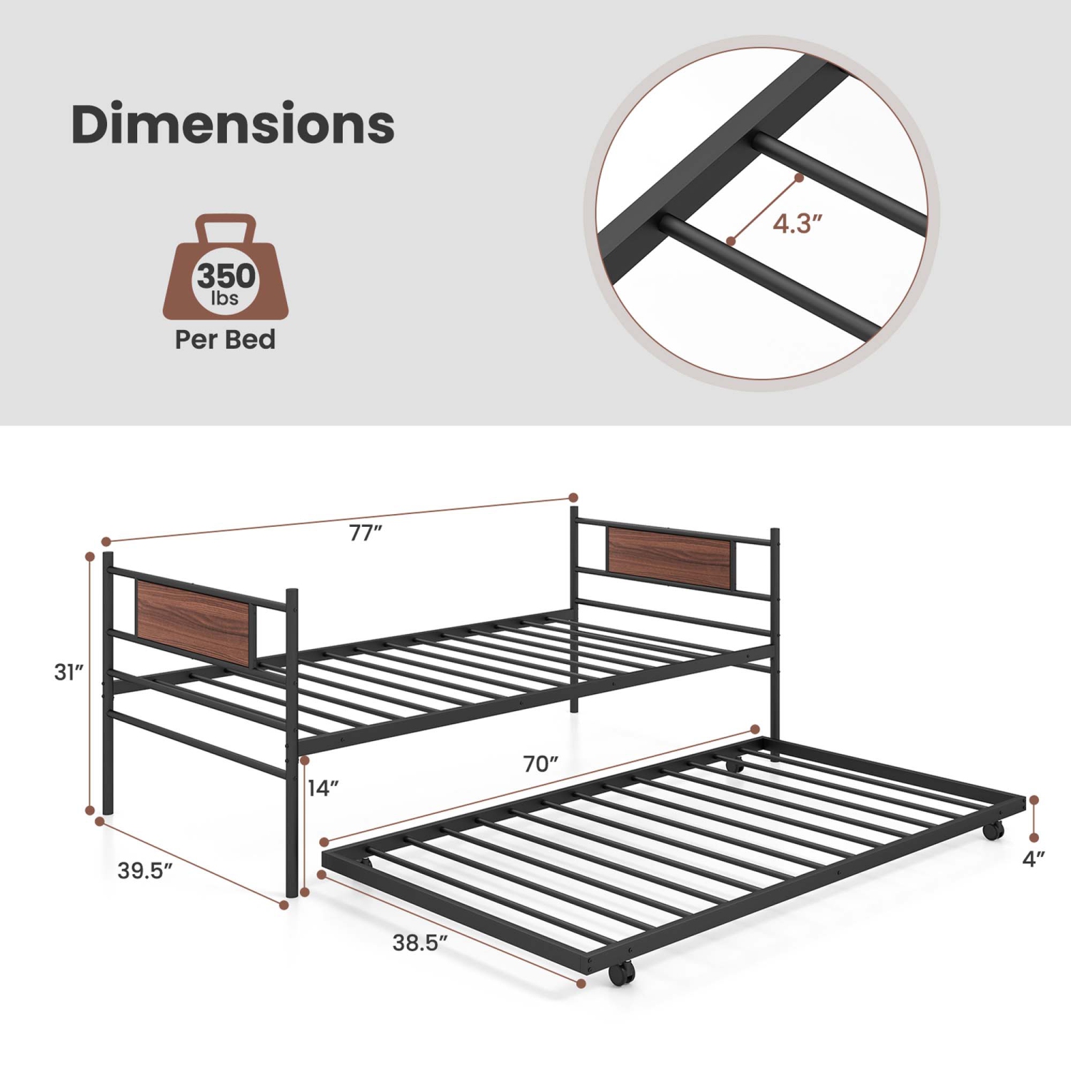 Twin Size Metal Daybed with Trundle Foundation Heavy-Duty Sofa Bed