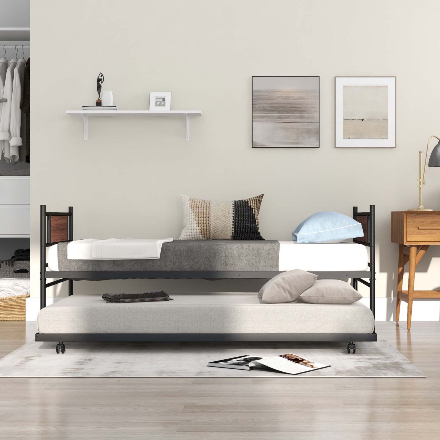 Twin Size Metal Daybed with Trundle Foundation Heavy-Duty Sofa Bed