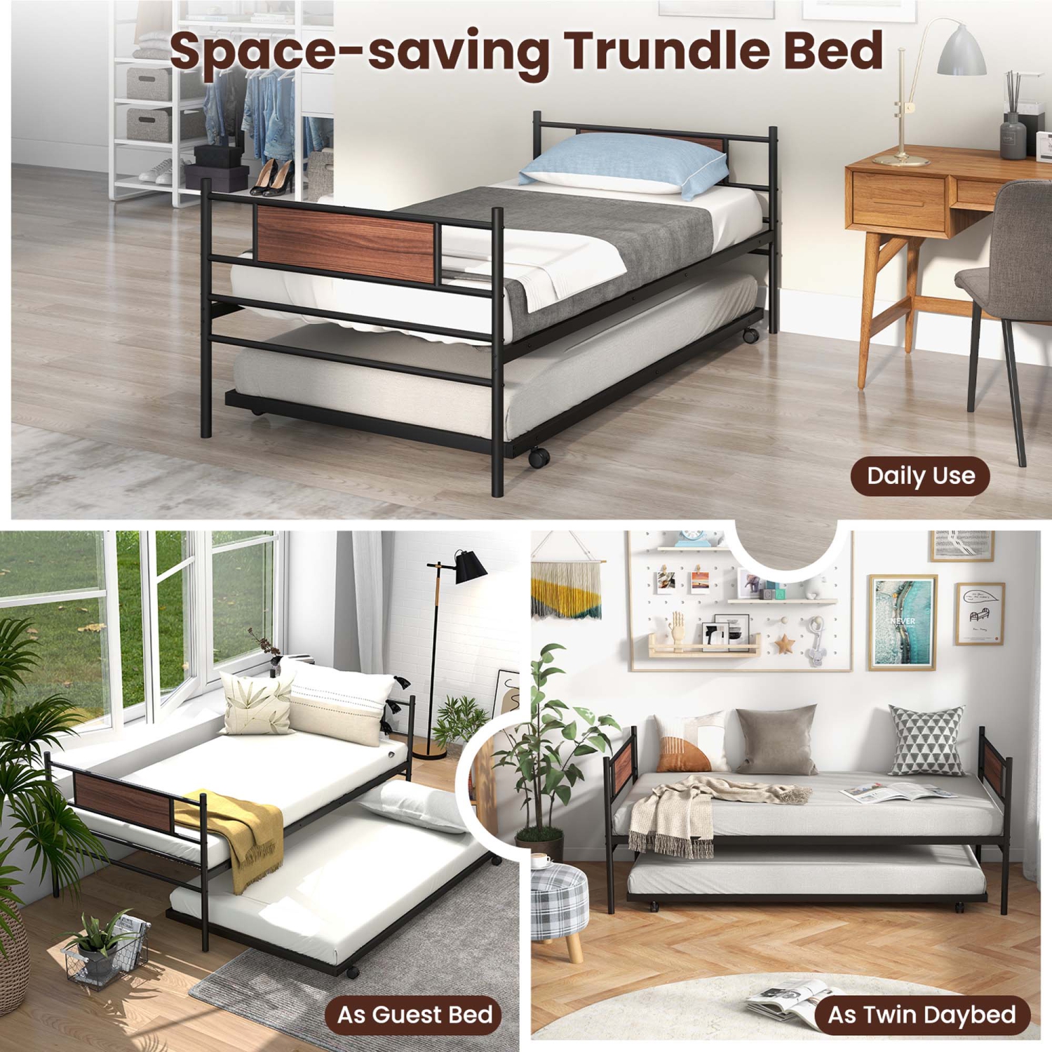 Twin Size Metal Daybed with Trundle Foundation Heavy-Duty Sofa Bed