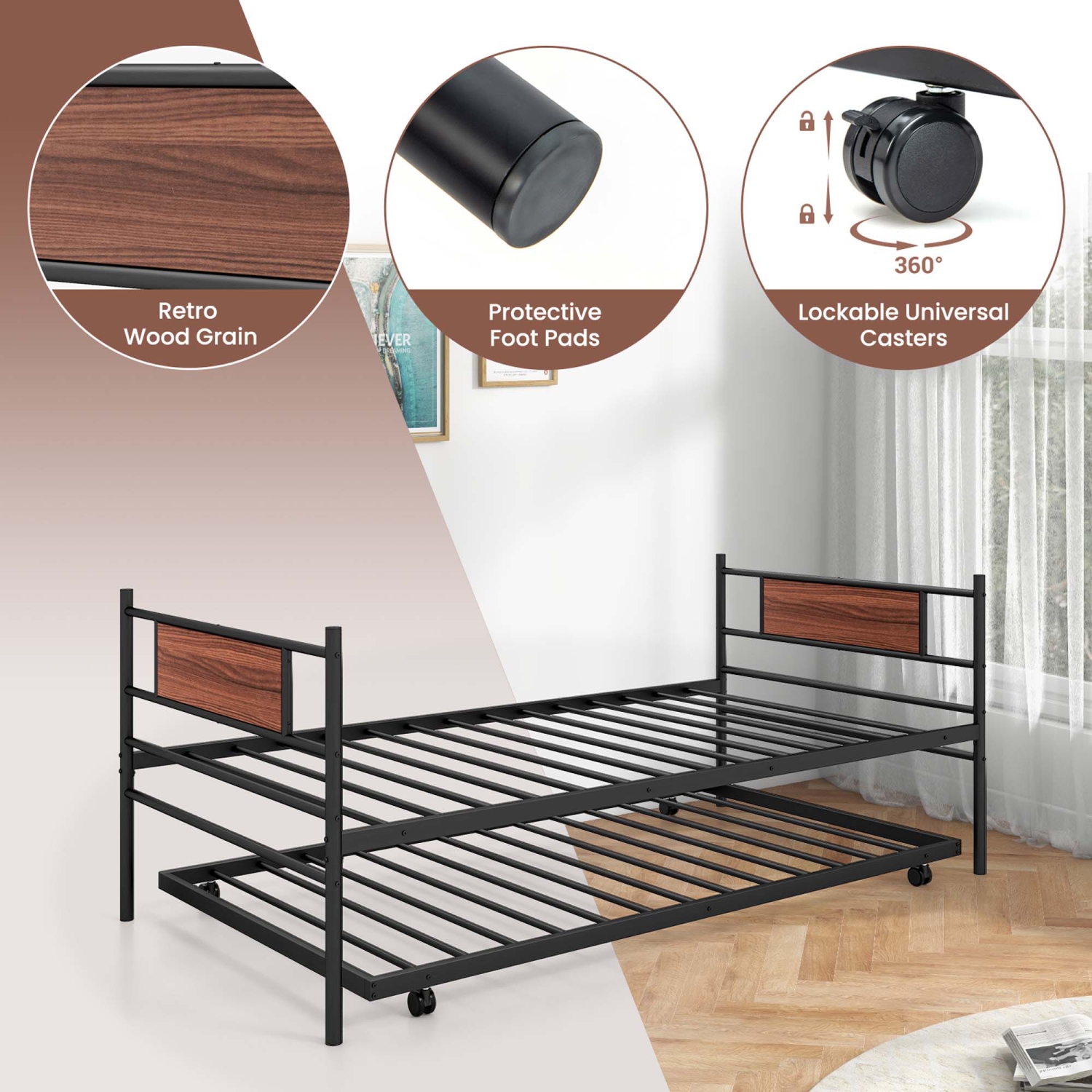 Twin Size Metal Daybed with Trundle Foundation Heavy-Duty Sofa Bed