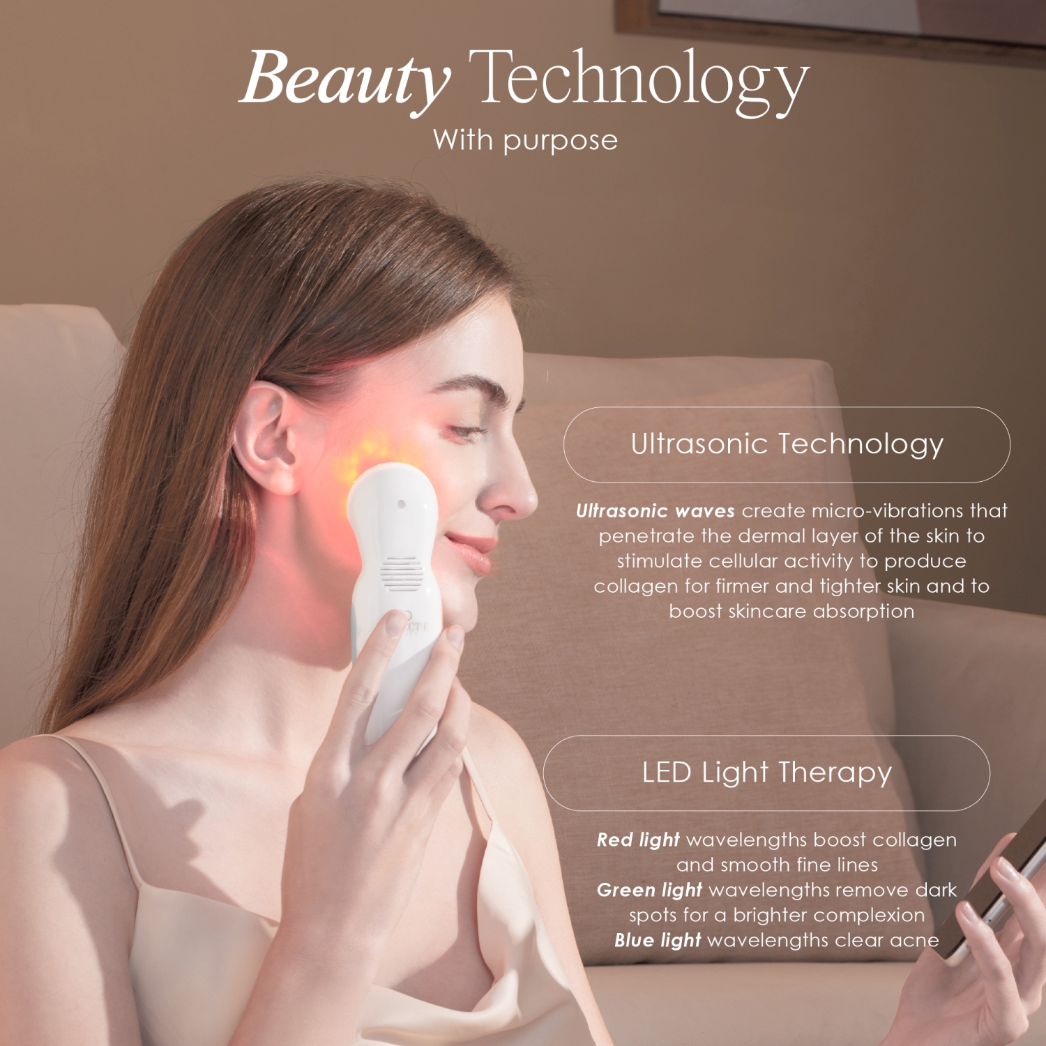 Project E Beauty SkinSonic | LED Ultrasonic Wand | Red, Blue & Green LED Light Therapy | Collagen Boost | Anti-Aging