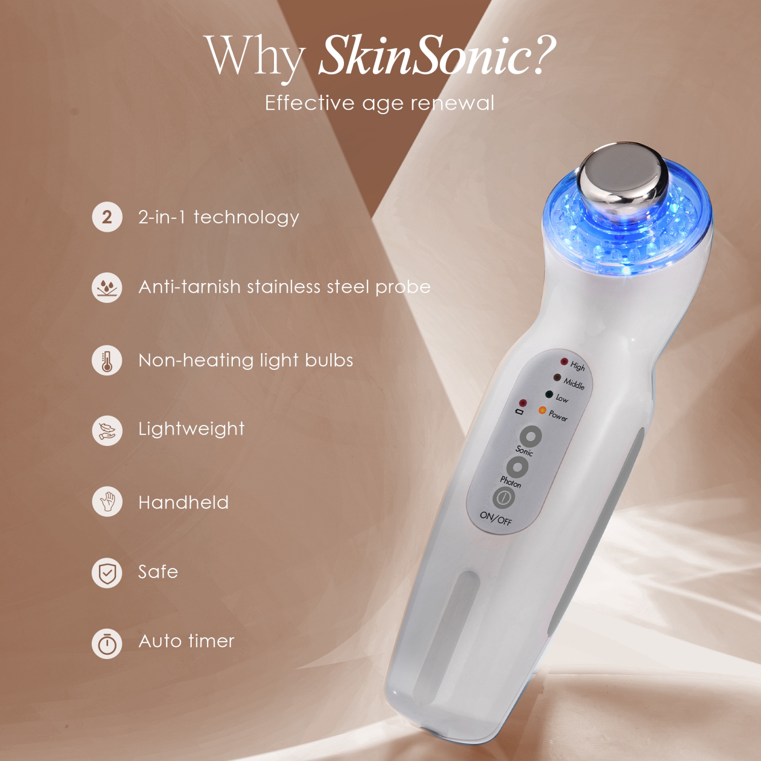 Project E Beauty SkinSonic | LED Ultrasonic Wand | Red, Blue & Green LED Light Therapy | Collagen Boost | Anti-Aging