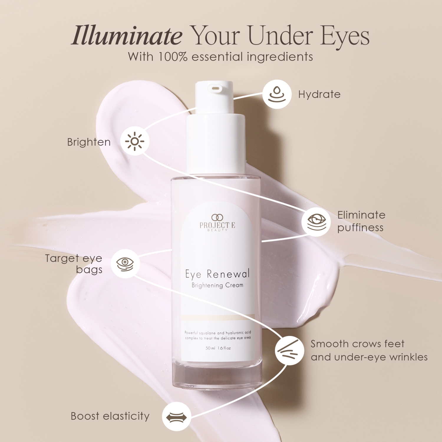 Project E Beauty Eye Renewal Brightening Cream | with Hyaluronic Acid | Smooths Skin | Reduces Puffiness & Dark Circles | 50ml