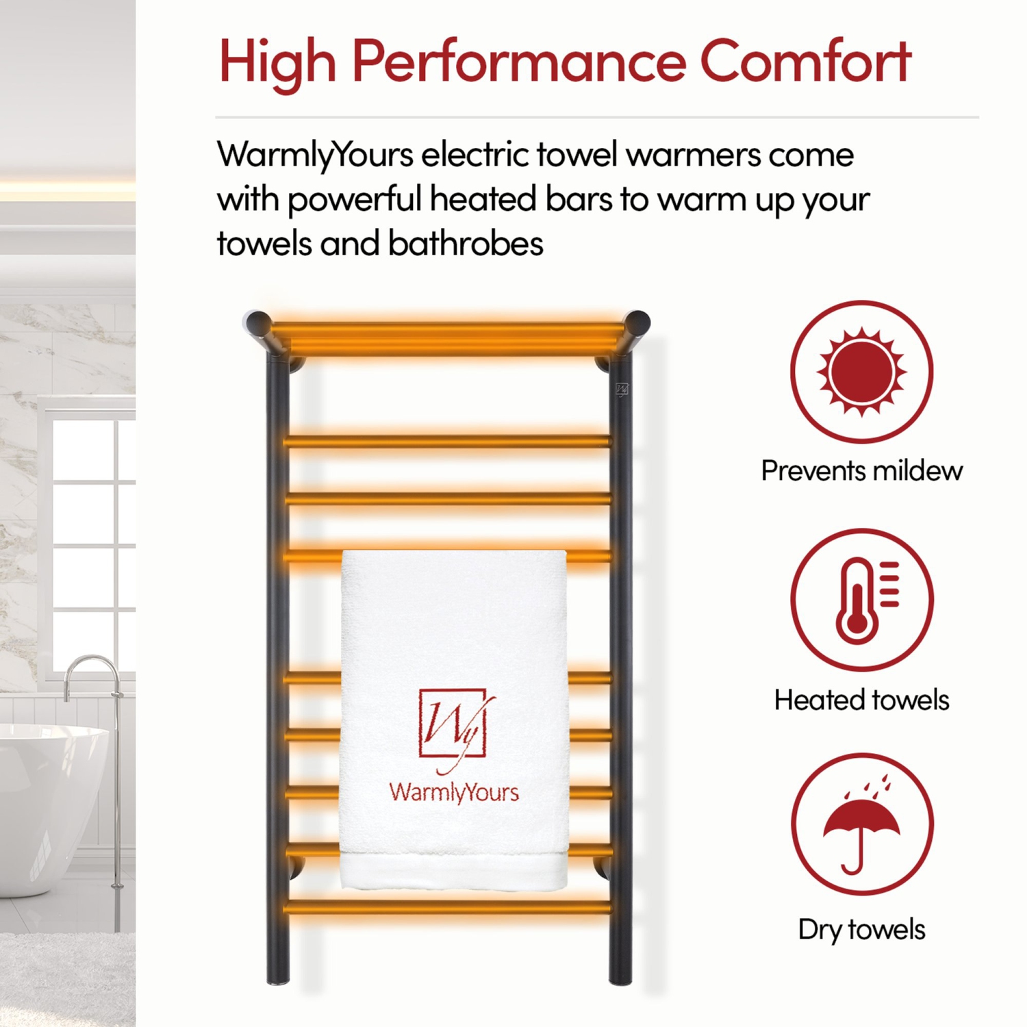 Chauffe-serviettes électrique Warmlyours Summit, 19 larg. X 35 haut. X 10 prof., noir, câblé ou enfichable avec tablette chauffante