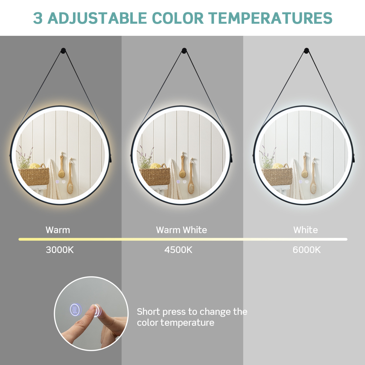 costway 24" Round LED Bathroom Mirror 3 Color Modes Anti-Fog Wall Mounted Hanging Mirror