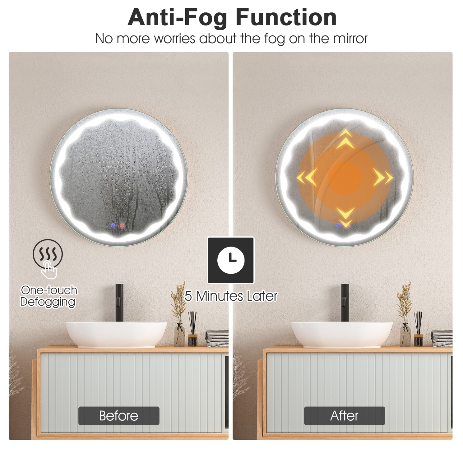 Costway 24" Bathroom Round LED Mirror Anti-Fog 3-Color Light Modes Touch Button Makeup