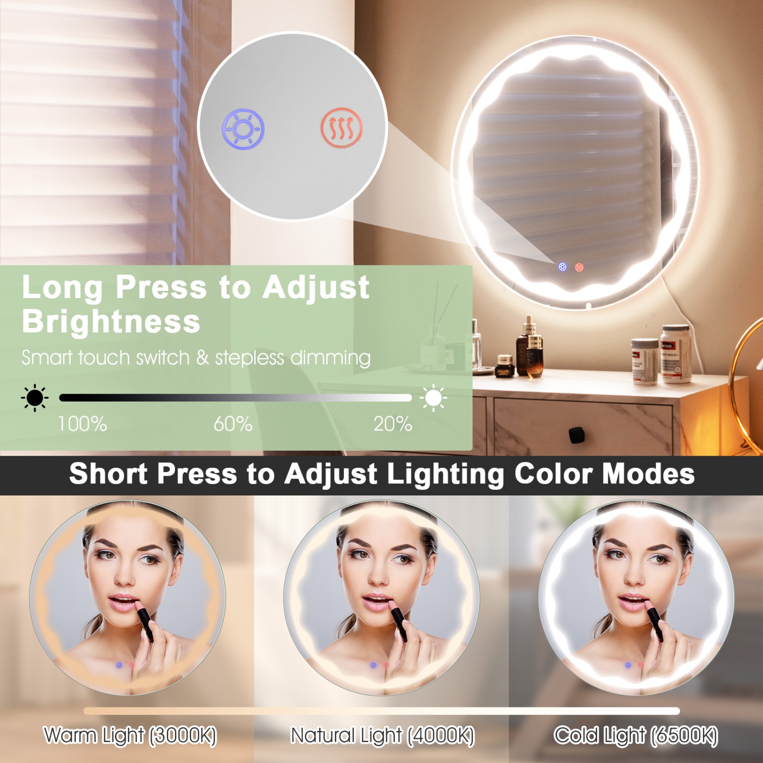 Costway 24" Bathroom Round LED Mirror Anti-Fog 3-Color Light Modes Touch Button Makeup
