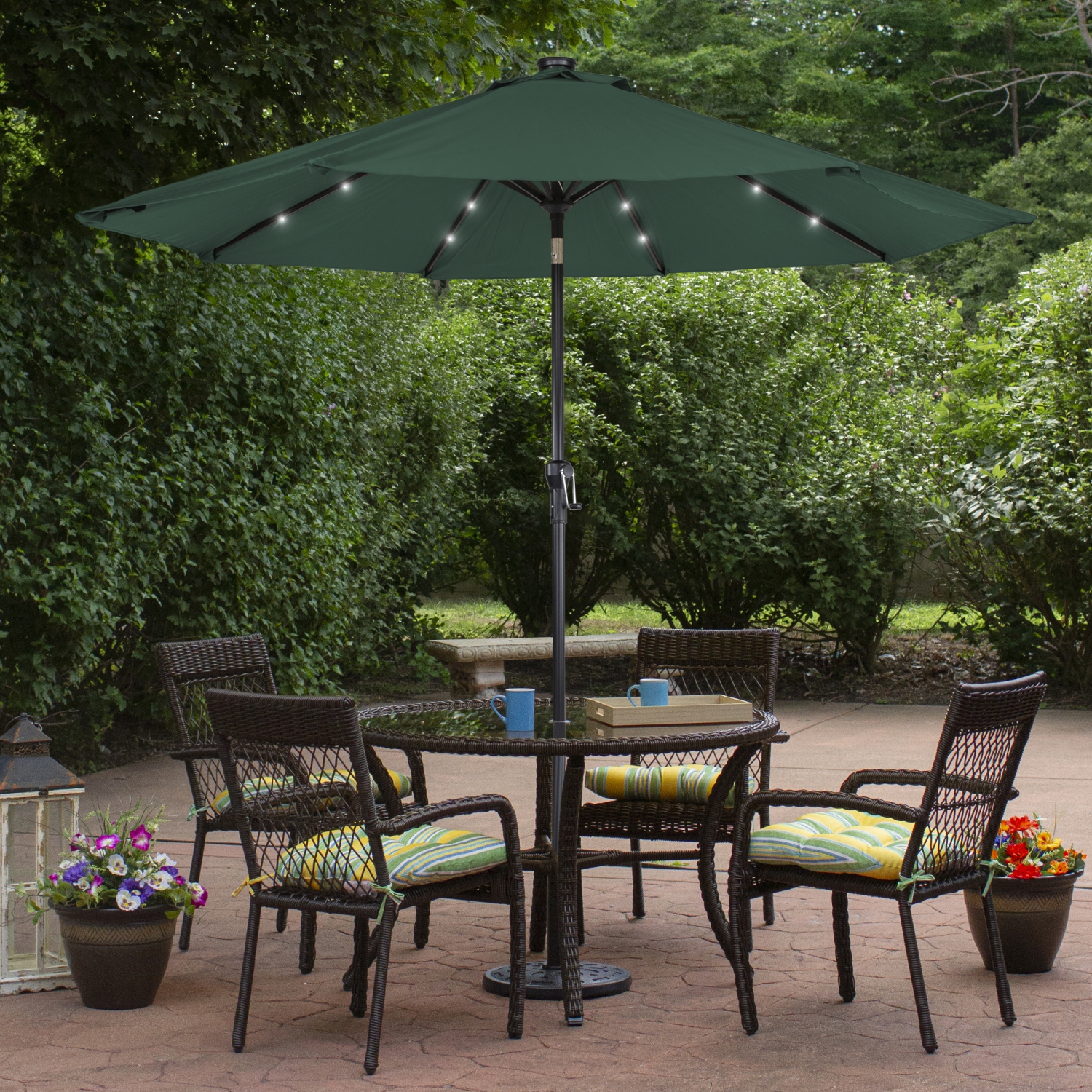 9ft Solar Lighted Outdoor Patio Market Umbrella with Hand Crank and Tilt, Hunter Green