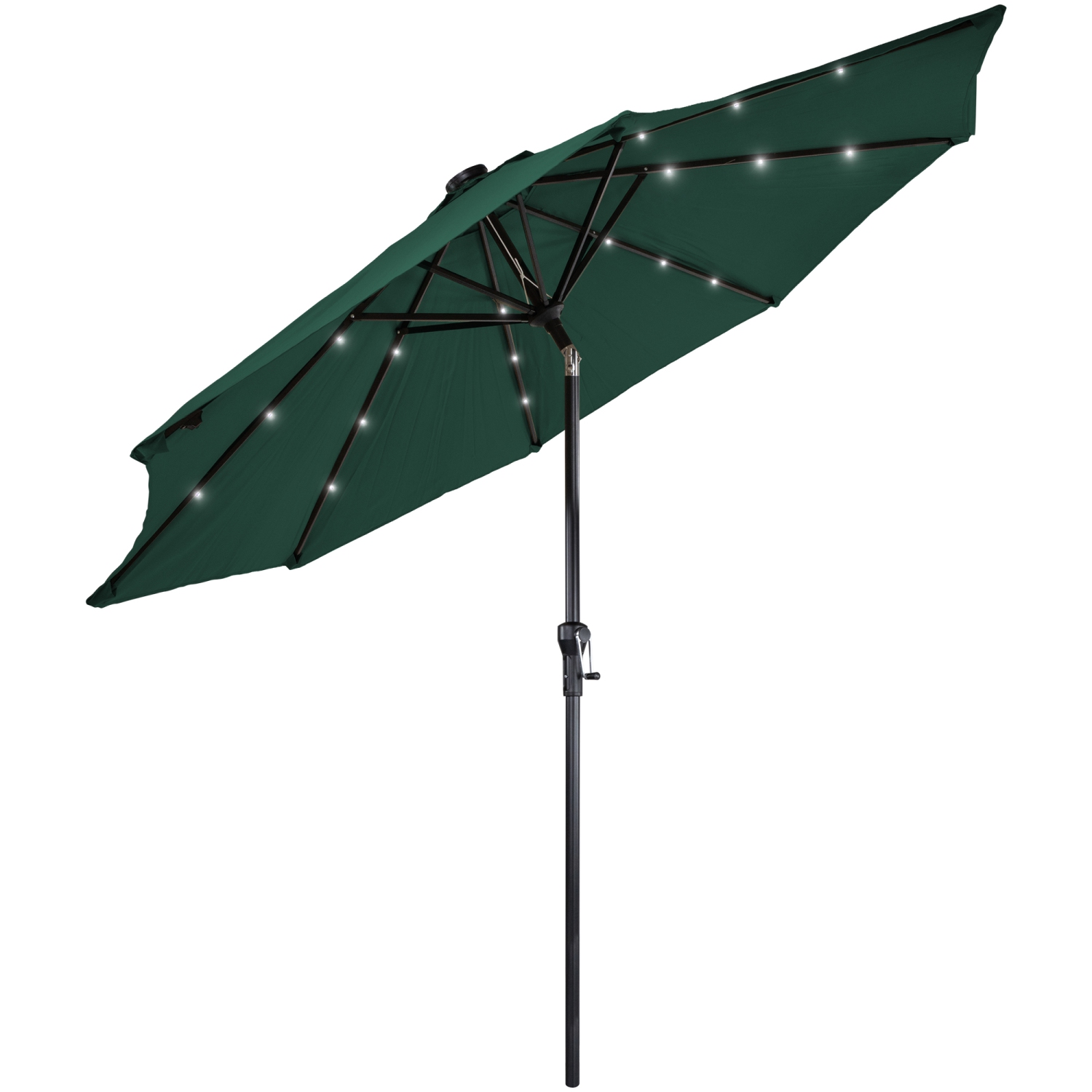 9ft Solar Lighted Outdoor Patio Market Umbrella with Hand Crank and Tilt, Hunter Green