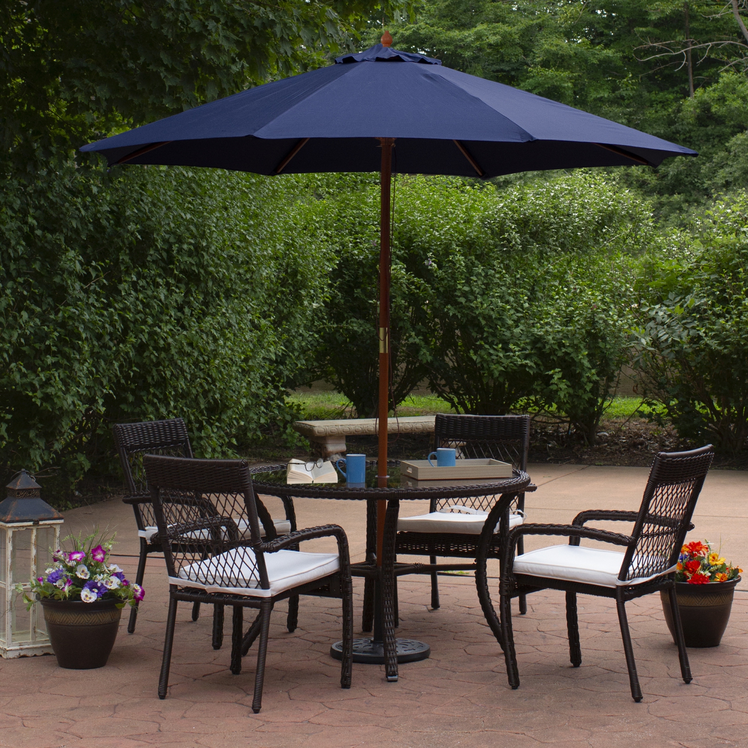 9ft Outdoor Patio Market Umbrella with Wooden Pole, Navy Blue