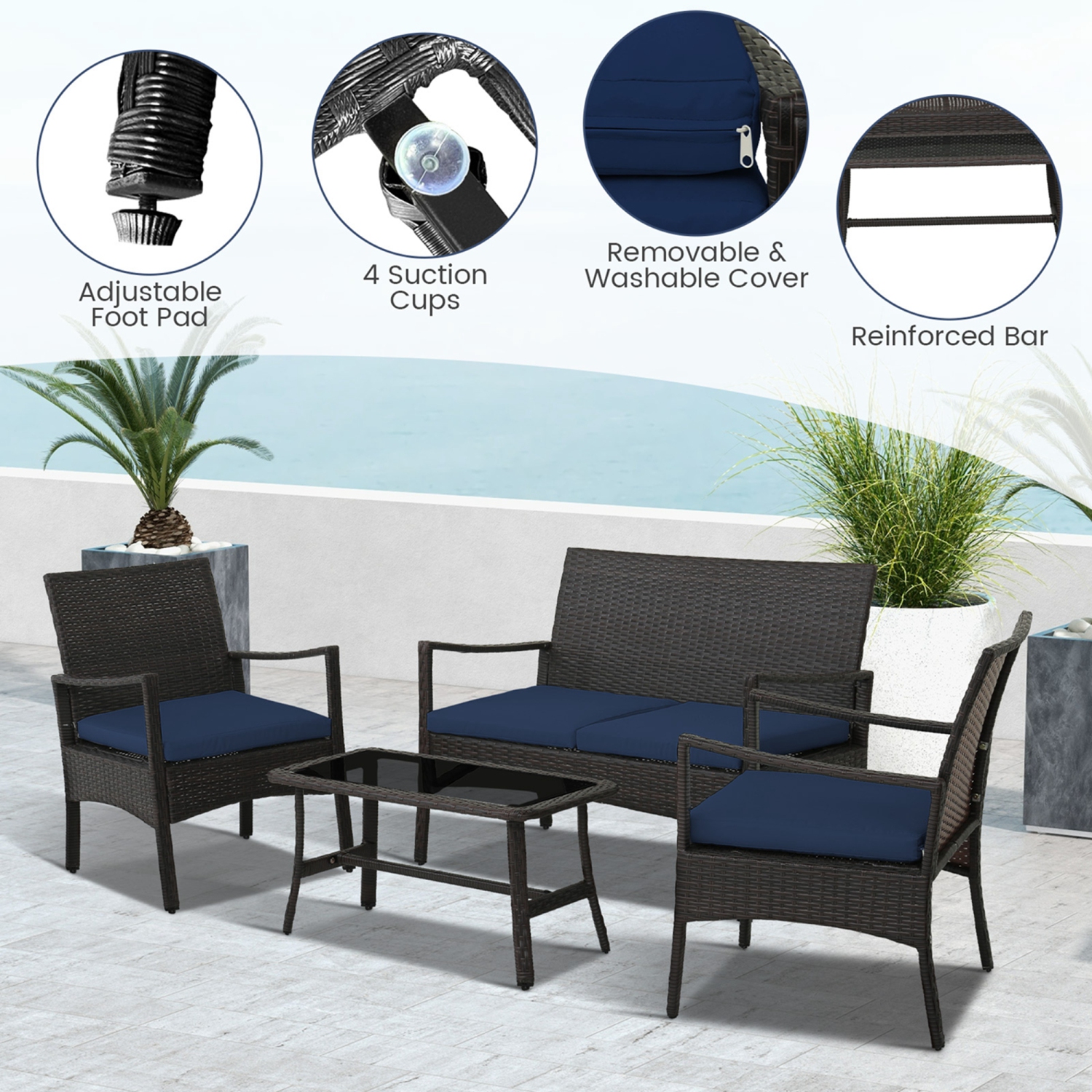 Costway 8PCS Patio Rattan Wicker Furniture Set Cushioned Sofa Armrest Coffee Table Navy