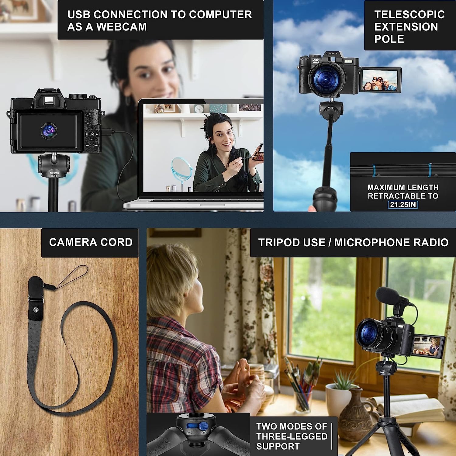 Appareil photo numérique 4K NBD pour photographie 48MP pour blogues vidéo YouTube avec microphone, Wi-Fi, filtre 3 couleurs et poignée de trépied,