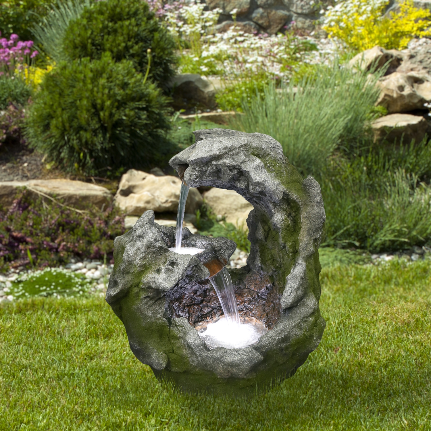 32" Lighted Rock Waterfall Outdoor Garden Water Fountain