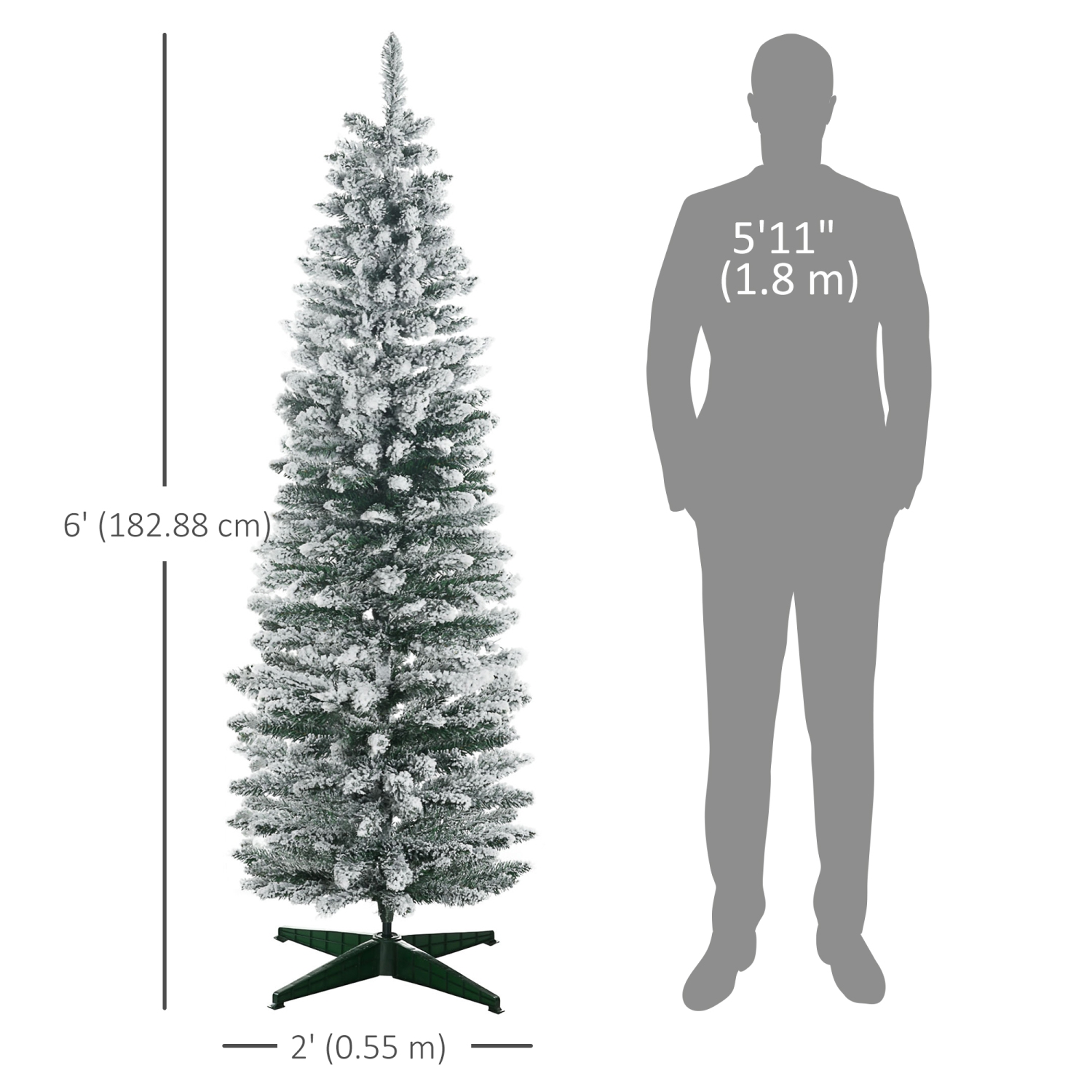 HOMCOM 6ft Tall Pencil Artificial Christmas Tree, Holiday Décor with Snow Flocked Branches, Green