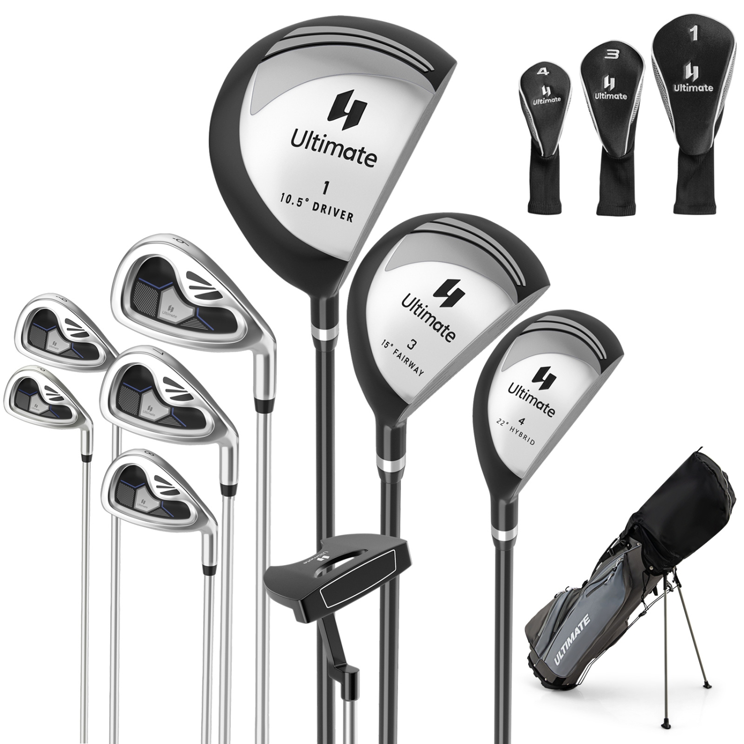 Costway 9 PCS Men's Complete Golf Club Set Right Handed with 460cc Alloy Driver Irons Gray/Navy