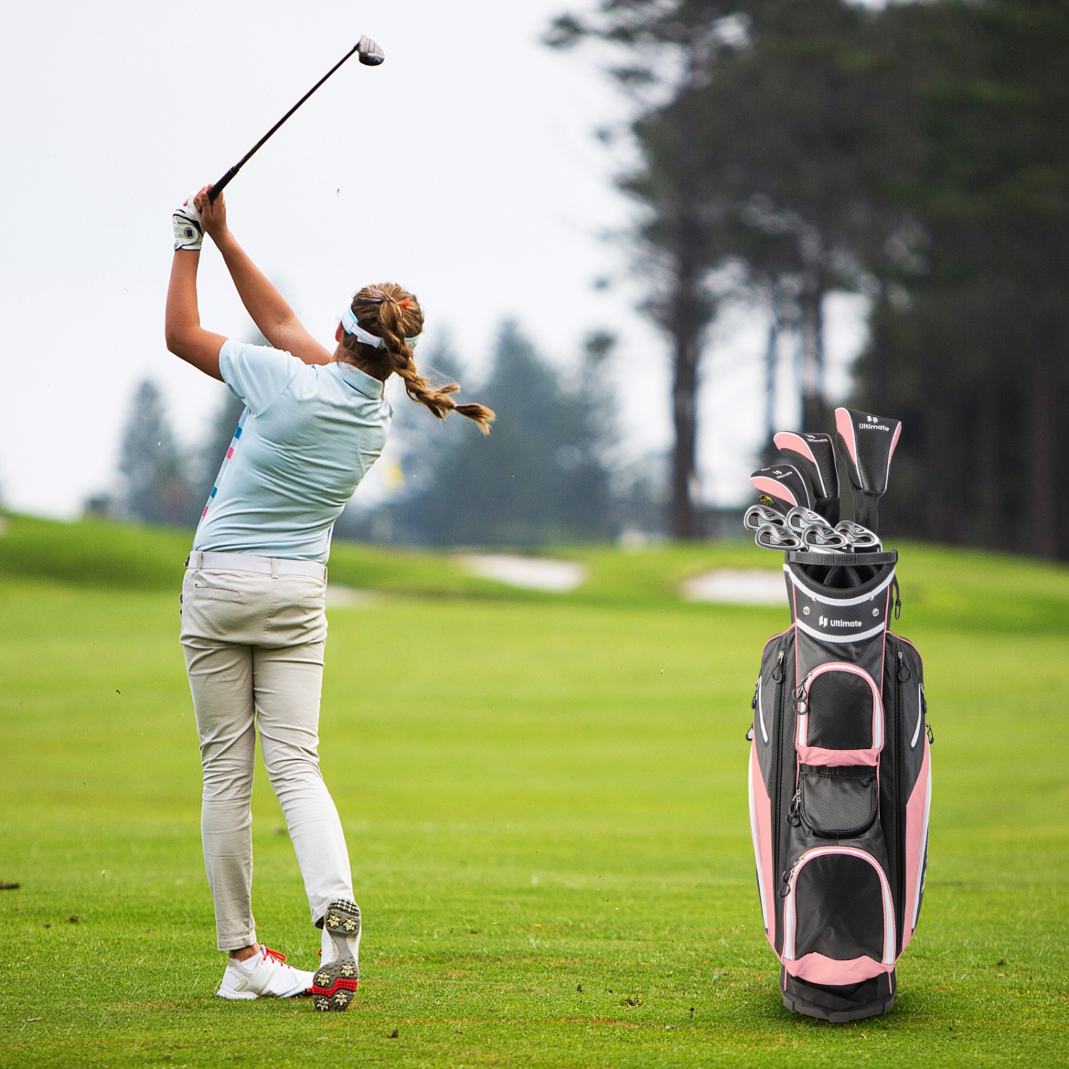 Costway Women's Complete Golf Club Set - 9 Pieces, Right Handed, 460cc Alloy Driver, Pink/Red