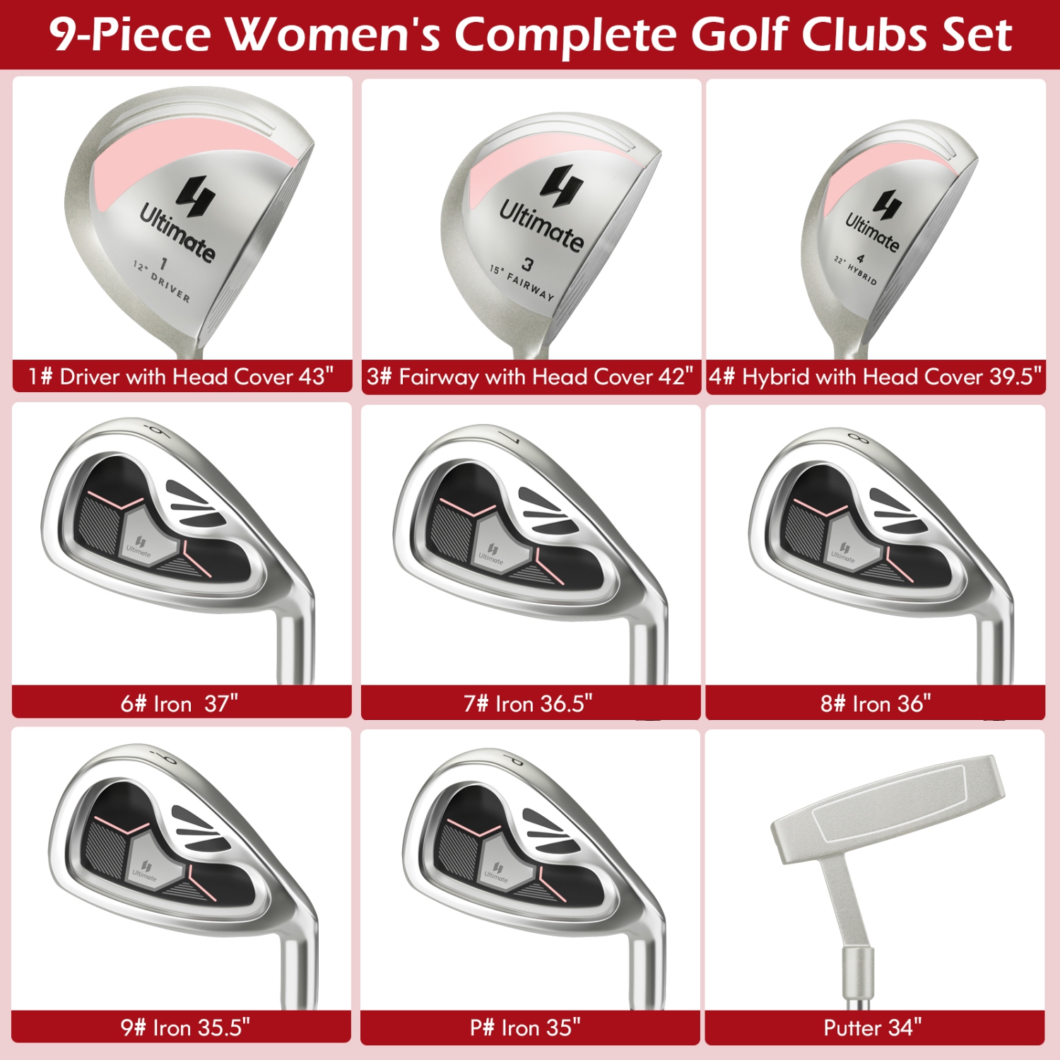 Costway Women's Complete Golf Club Set - 9 Pieces, Right Handed, 460cc Alloy Driver, Pink/Red