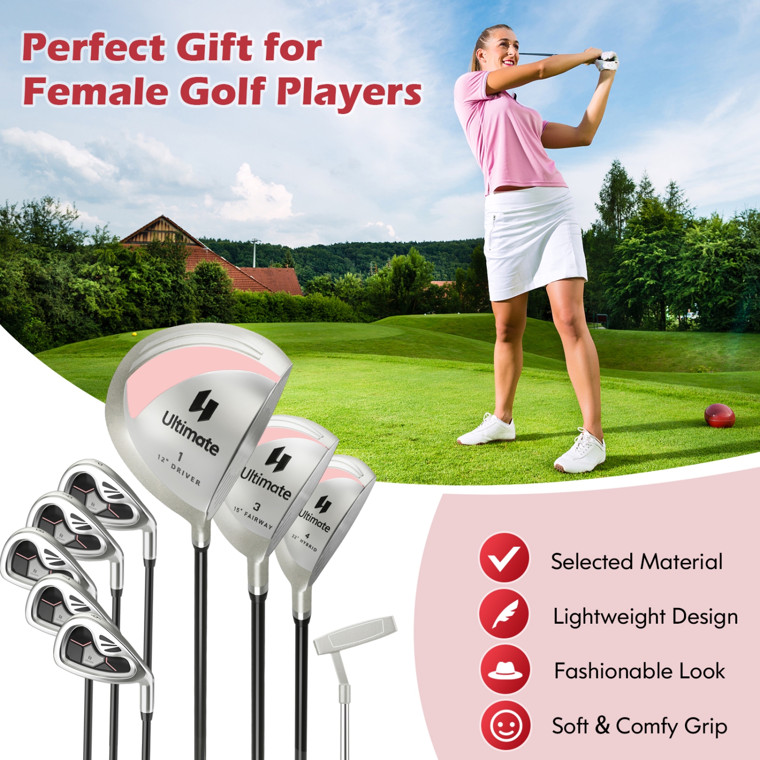 Costway Women's Complete Golf Club Set - 9 Pieces, Right Handed, 460cc Alloy Driver, Pink/Red