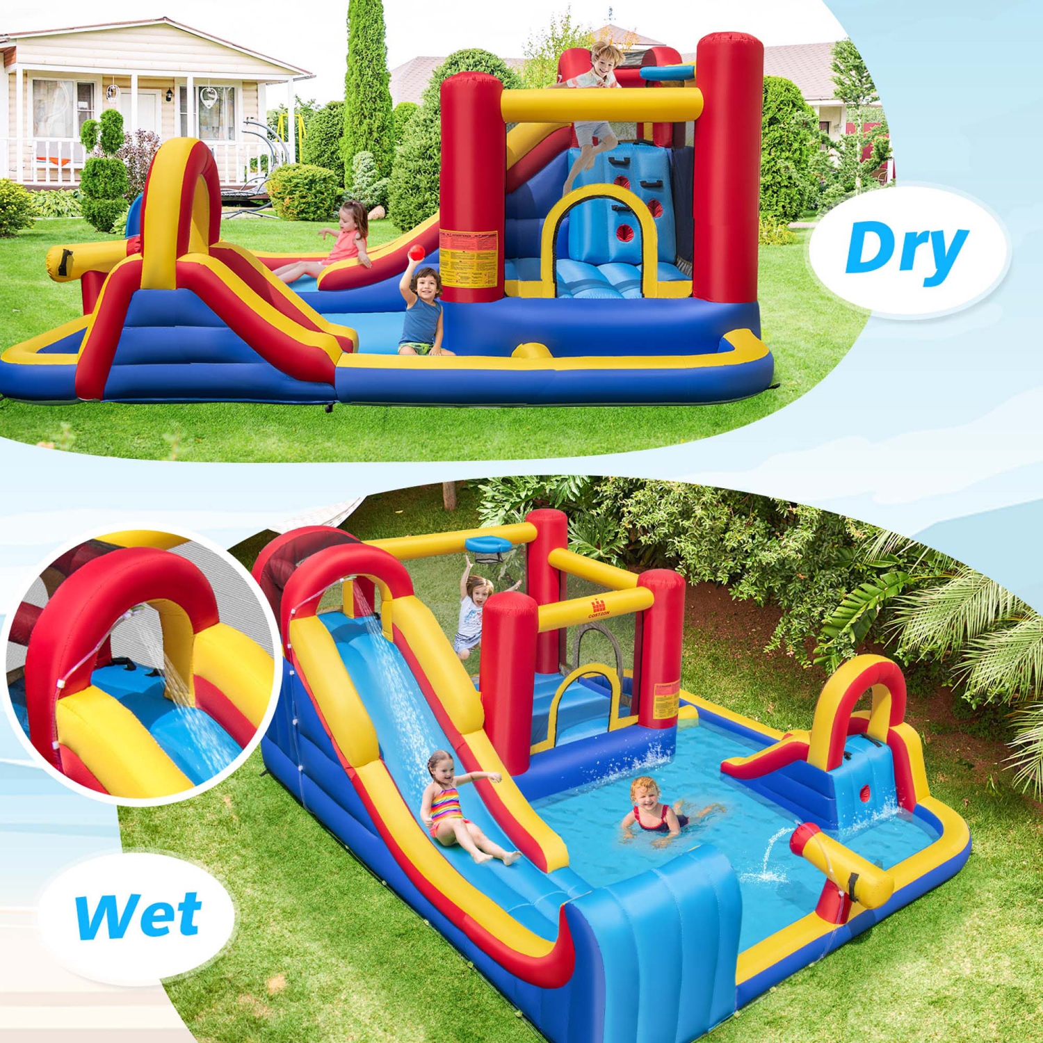 Costway Inflatable Water Slide Giant Kids Water Park with Double Slides & 950W Blower