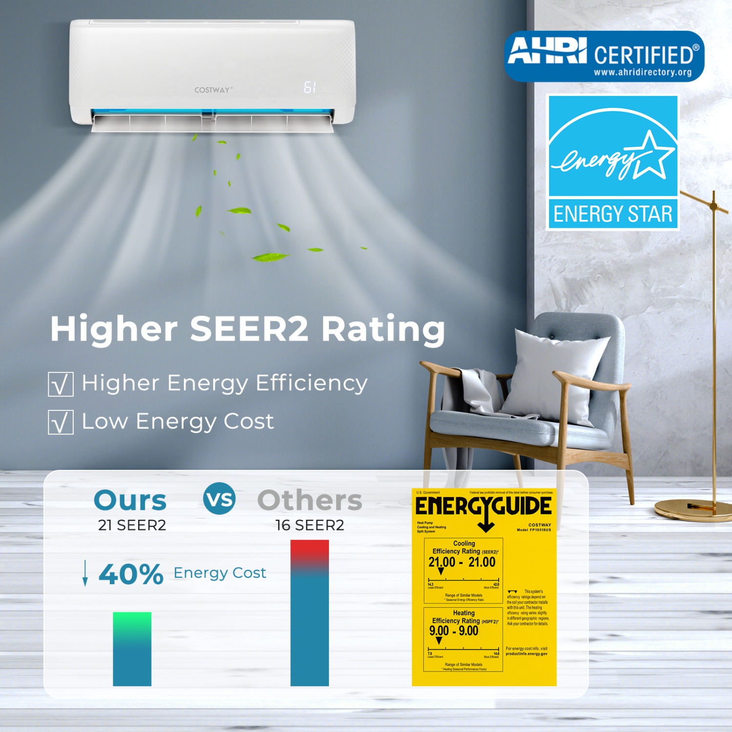 Costway 18,000 BTU Mini Split Air Conditioner AC Unit with Heat Pump & Remote Control