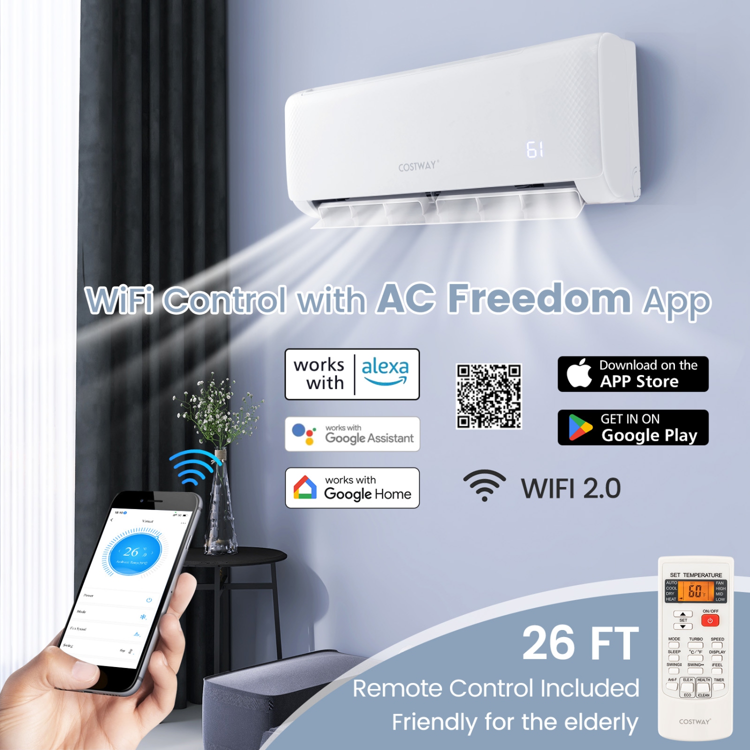 Costway 24,000 BTU Mini Split Air Conditioner AC Unit with Heat Pump & Alexa Googlehome Remote Control