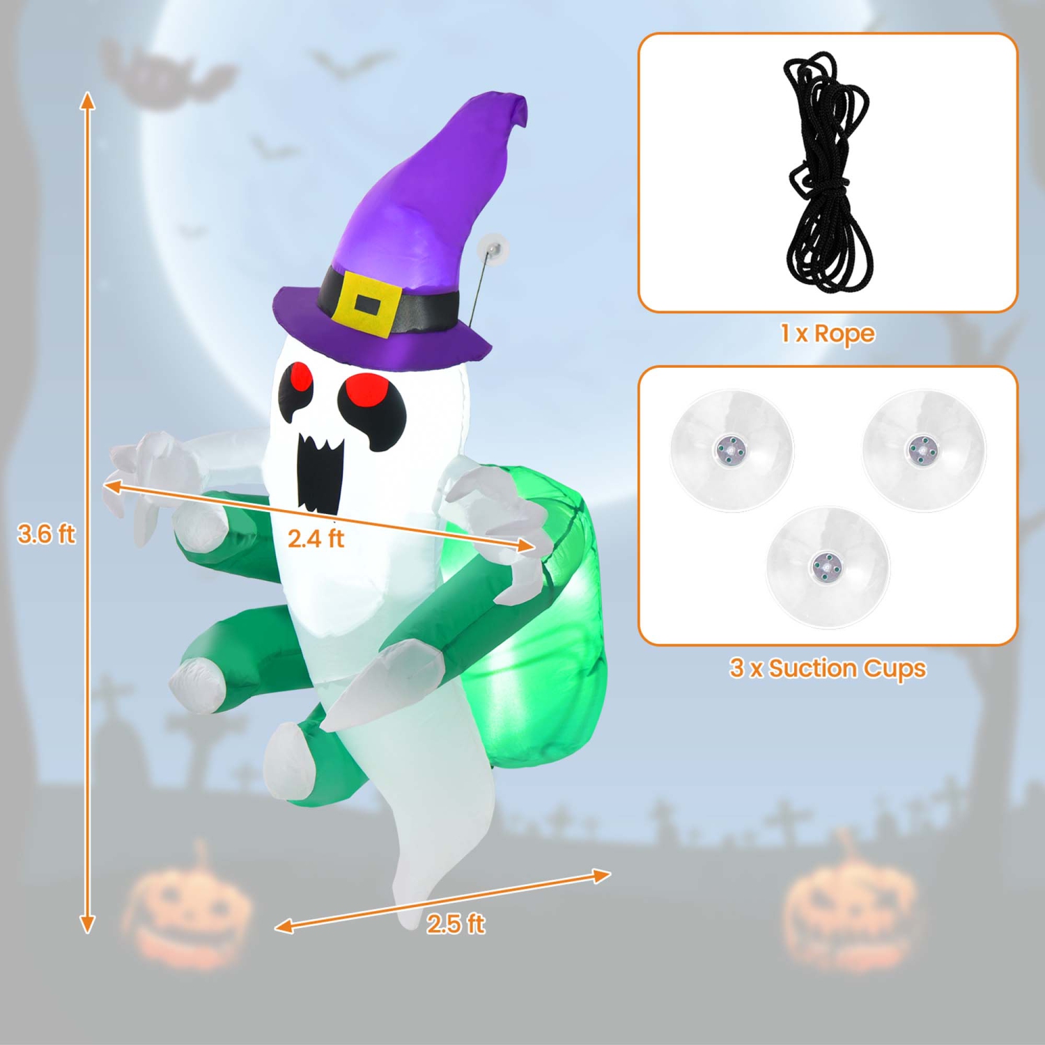 Costway 3.6' Halloween Inflatable Ghost Indoor Outdoor Blow Up Flying Halloween Decor