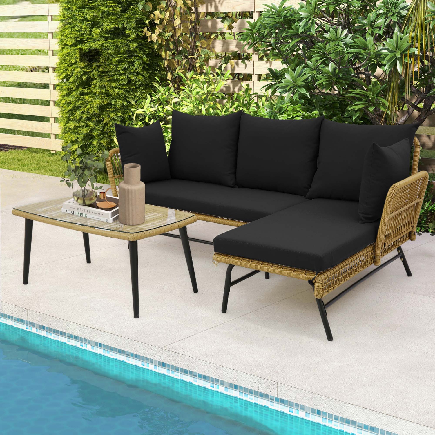 Costway 3 PCS L-Shaped Patio Sofa Set Conversation Furniture with Cushions Deck Garden Black/Beige