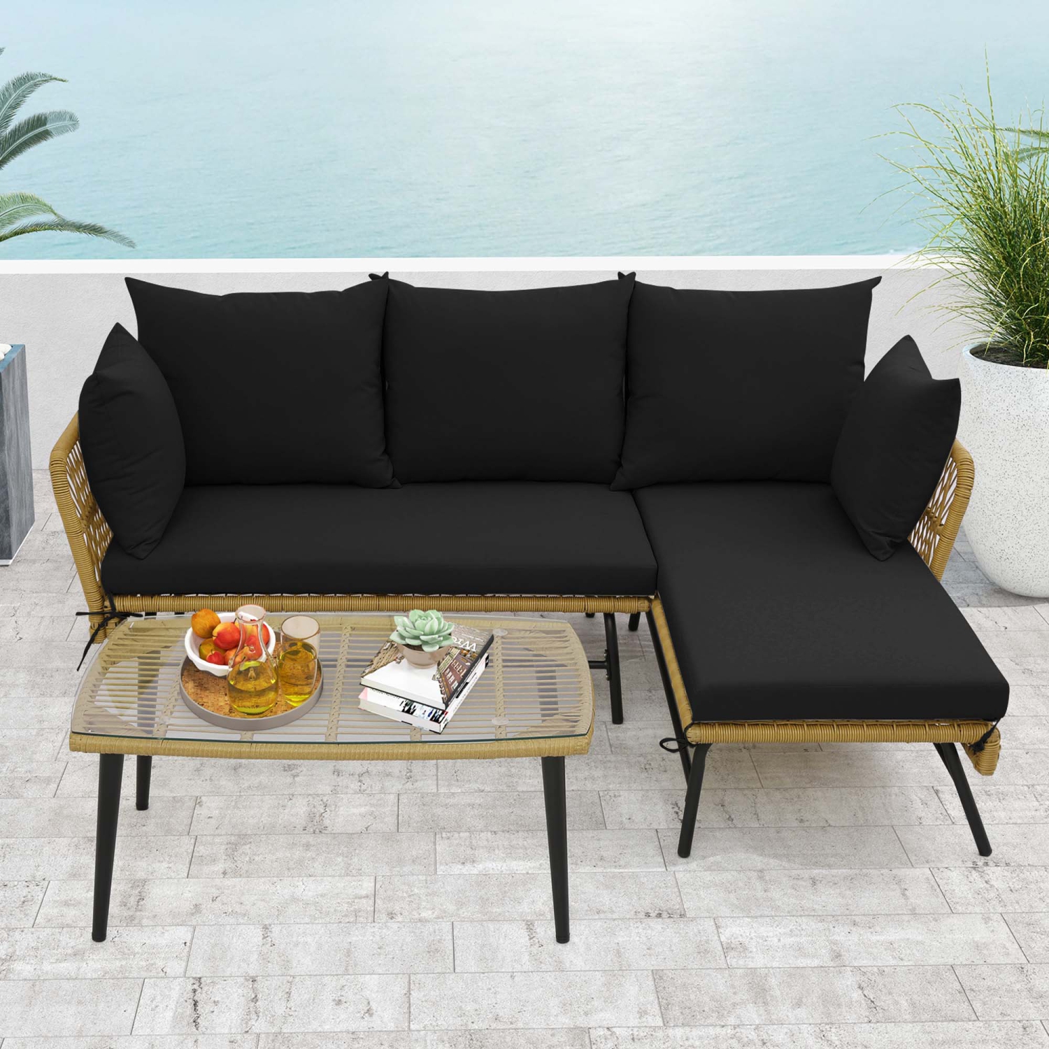 Costway 3 PCS L-Shaped Patio Sofa Set Conversation Furniture with Cushions Deck Garden Black/Beige