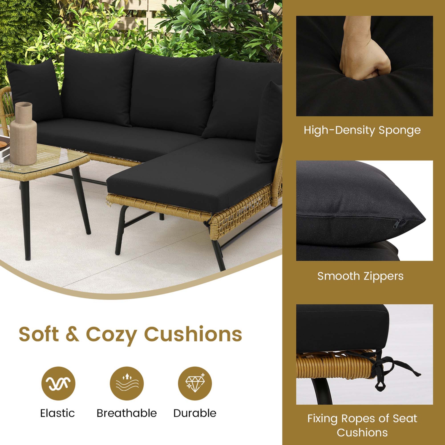 Costway 3 PCS L-Shaped Patio Sofa Set Conversation Furniture with Cushions Deck Garden Black/Beige