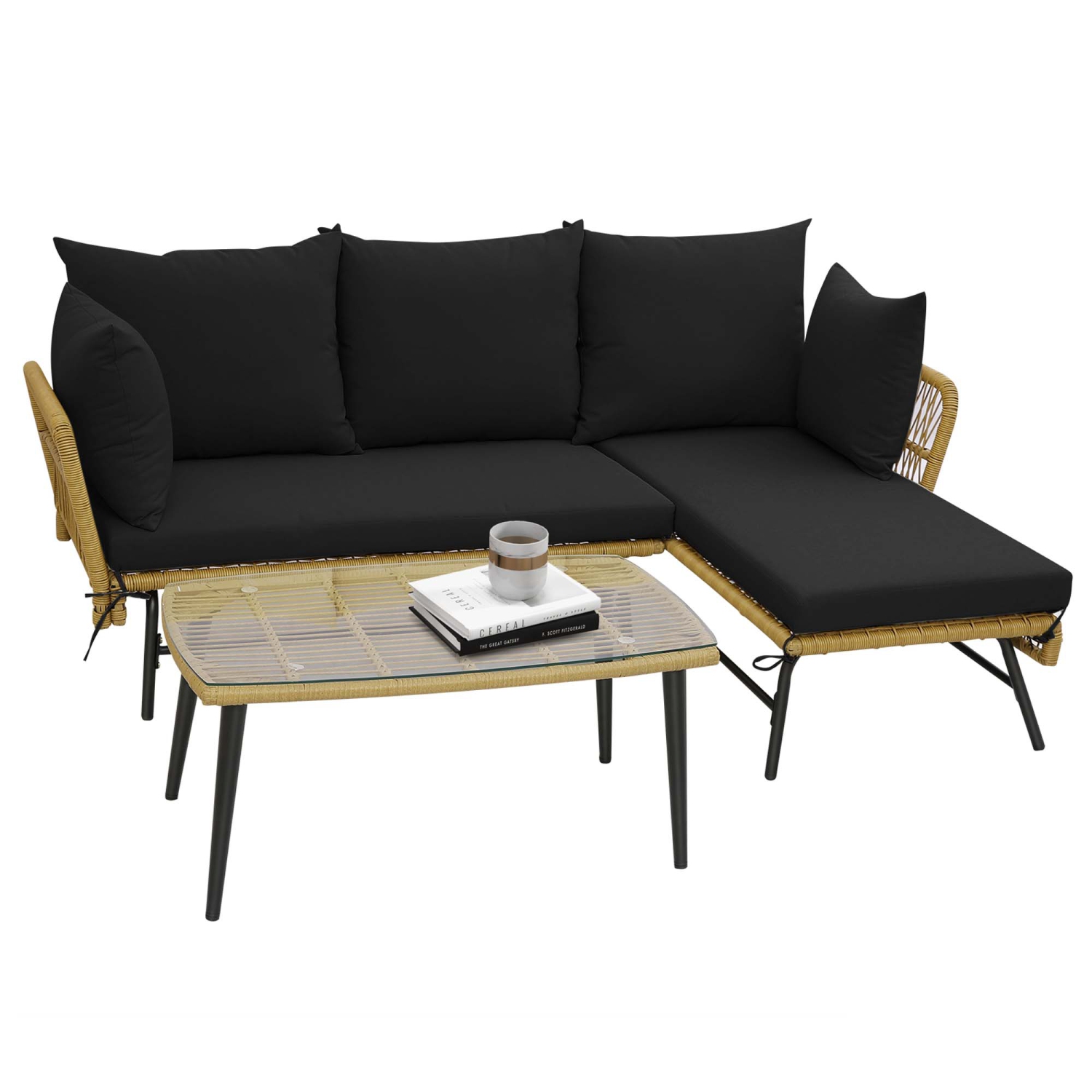 Costway 3 PCS L-Shaped Patio Sofa Set Conversation Furniture with Cushions Deck Garden Black/Beige