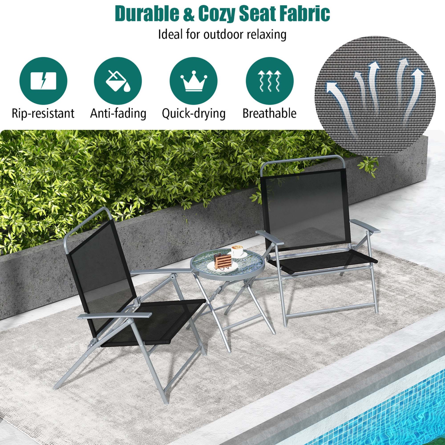 Costway 3pcs Patio Folding Table Chair Set Extra-Large Seat Metal Frame Portable Outdoor